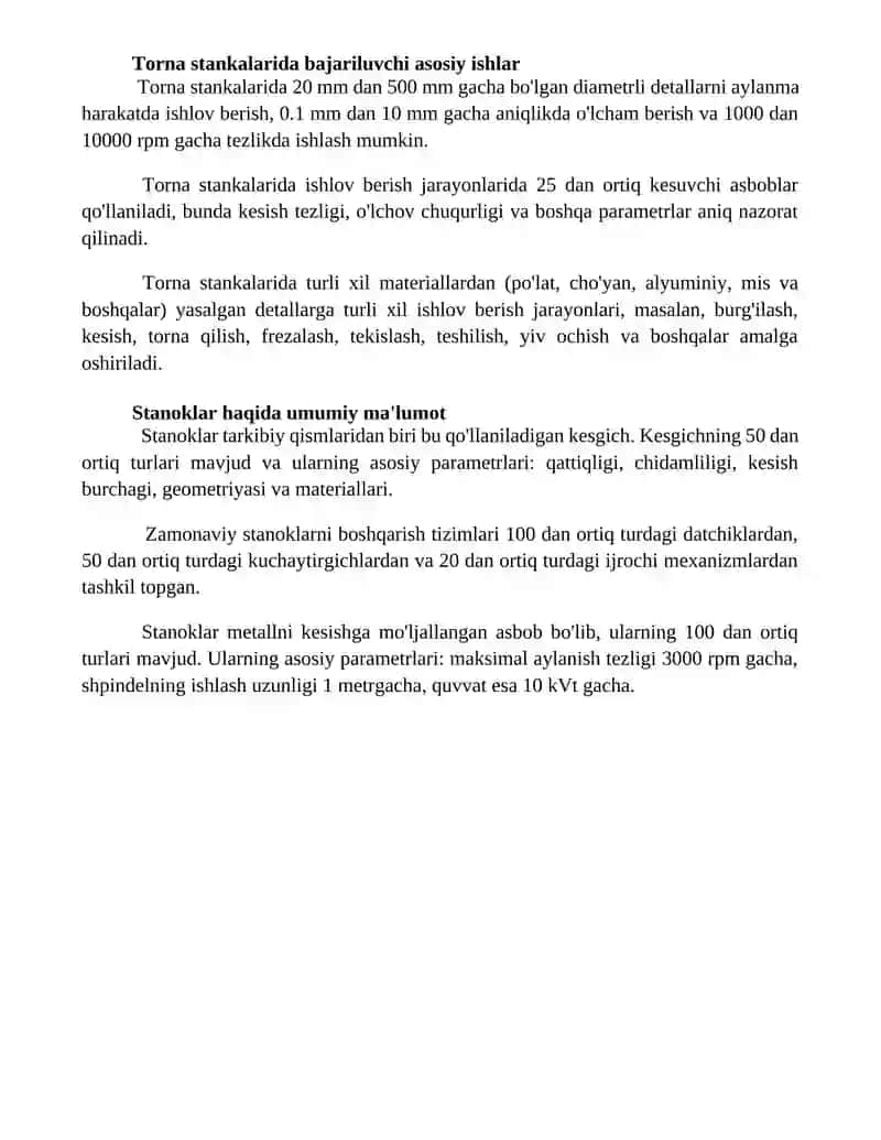 Tokorlik dastgohlarida bajaradigan ishlar tokorlik dastgohlari turlari va haqida umumiy maʼlumotlar 4