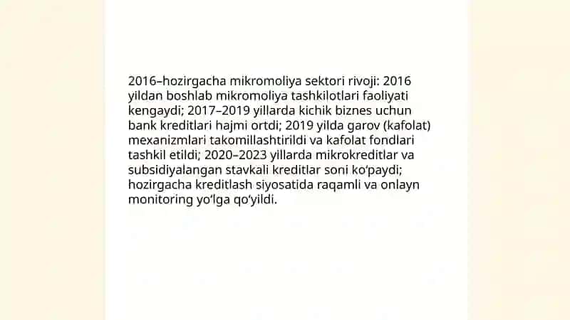 Kichik biznes va xususuy tadbirkorlikni rivojlantirish (2016 dan hozirgacha) 4
