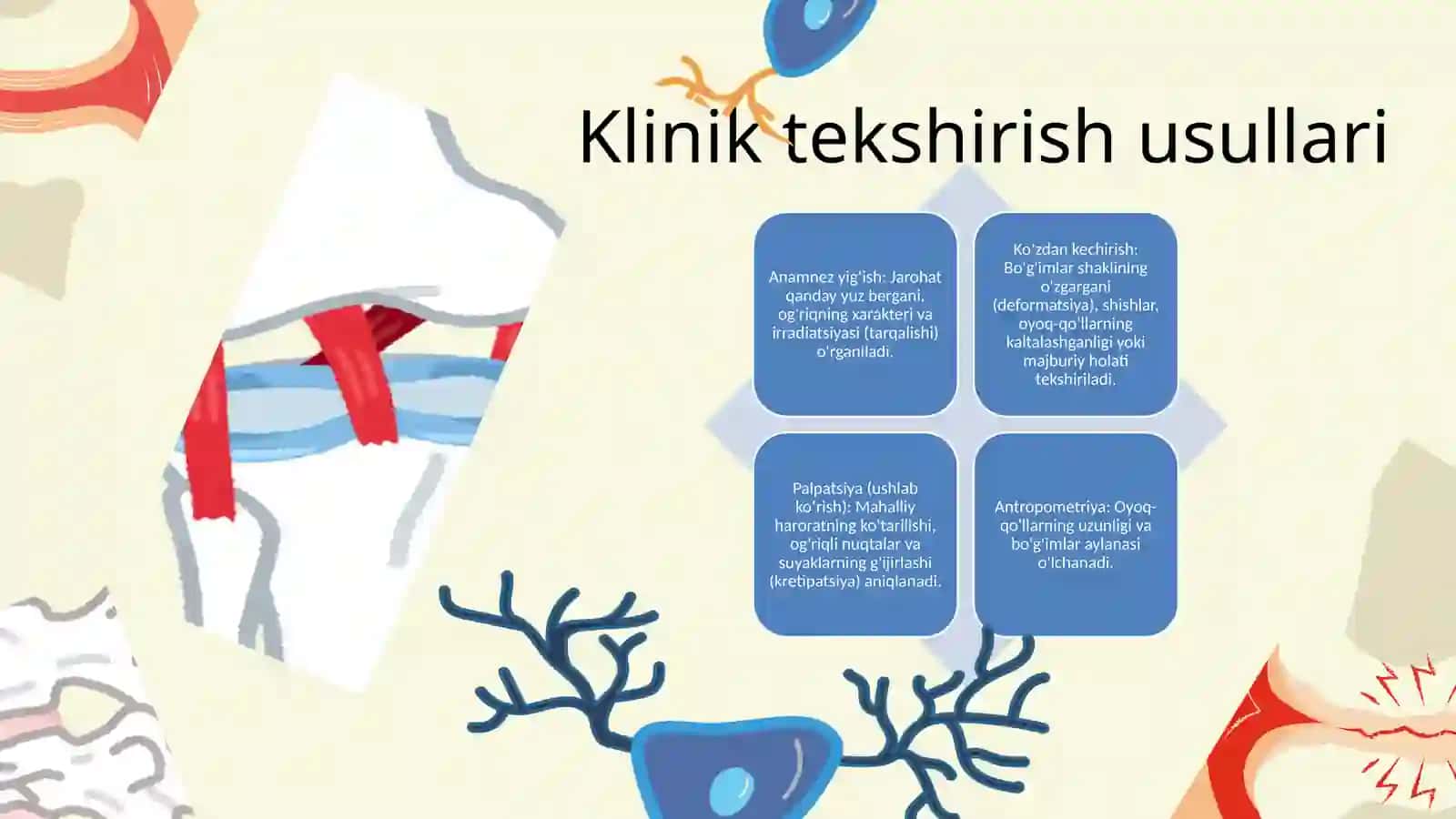 Tayanch-harakat apparatining shikastlanishlarivakasalliklari bo'lganbemorlarni tekshirish vatashxislashusullarisinishva chiqishlarni davolashniasosiy prinsiplari.Travmatizm 4