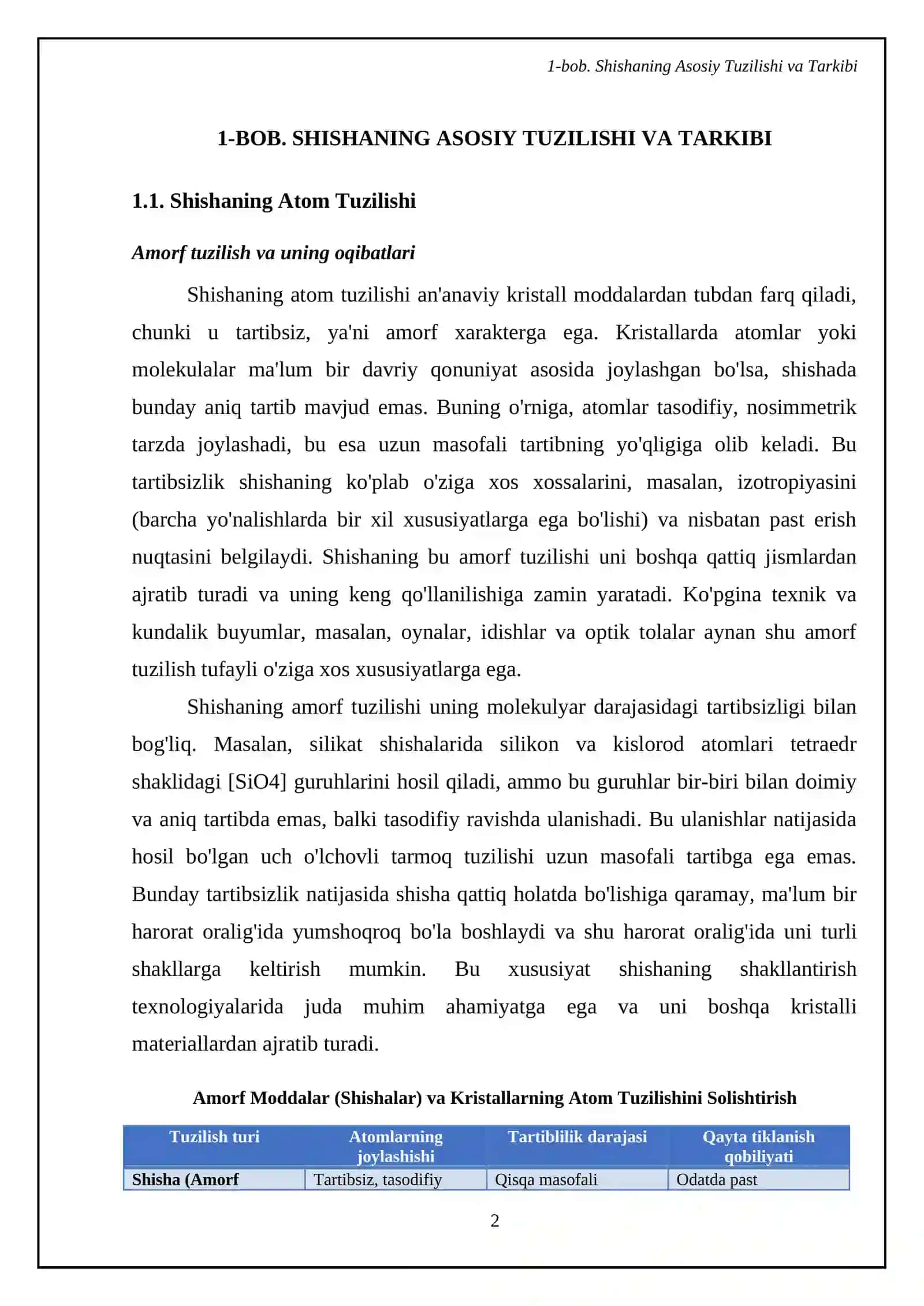 Shishaning tuzilishi, tarkibi va xossalarini oʻrganish 4