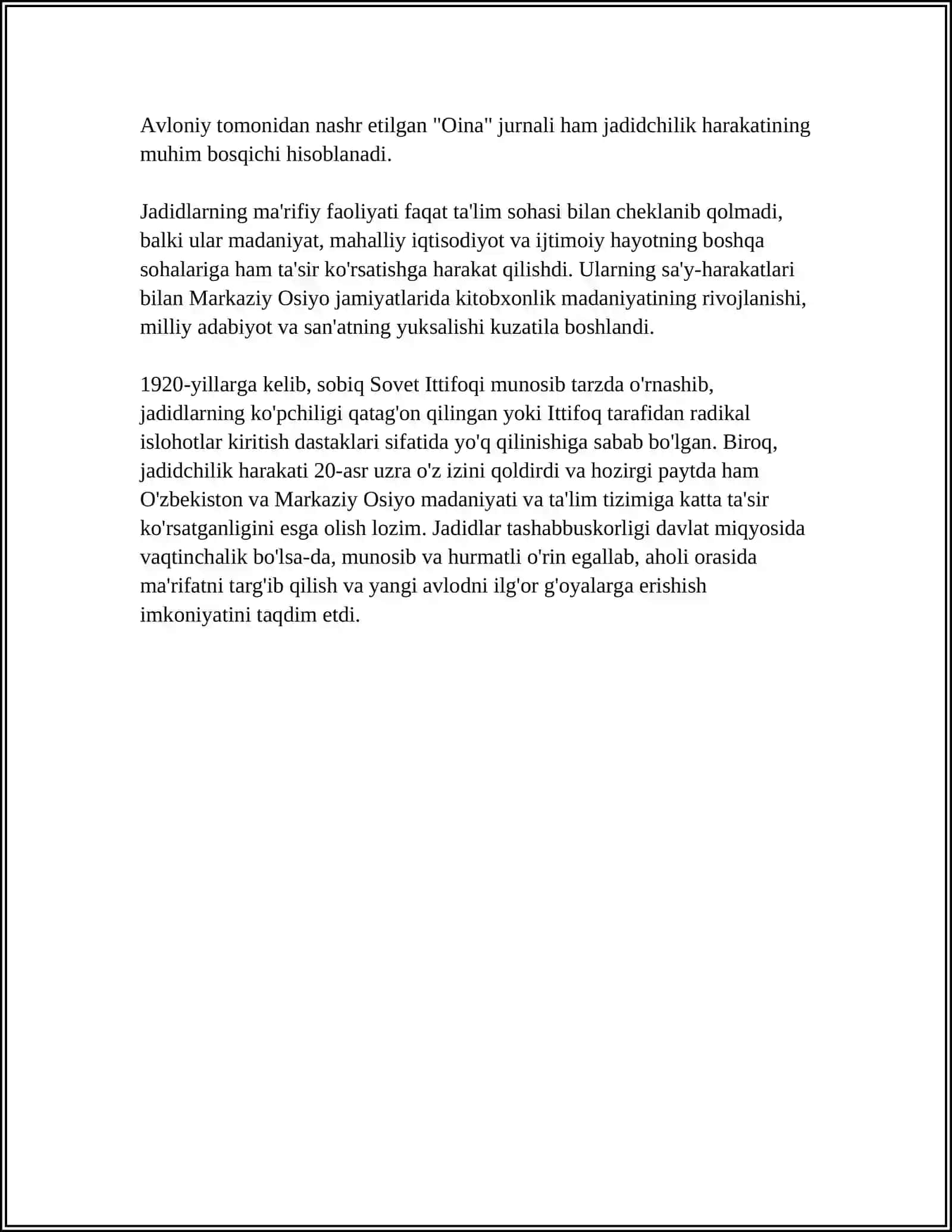 JADID MA'RIFATPARVARLARINING O'LKA IJTIMOIY-MA'NAVIY HAYOTIDA TUTGAN O'RNI (MUNAVVAR QORI, FITRAT,BEHBUDIY,AVLONIY VA BOSHQALAR...) 4