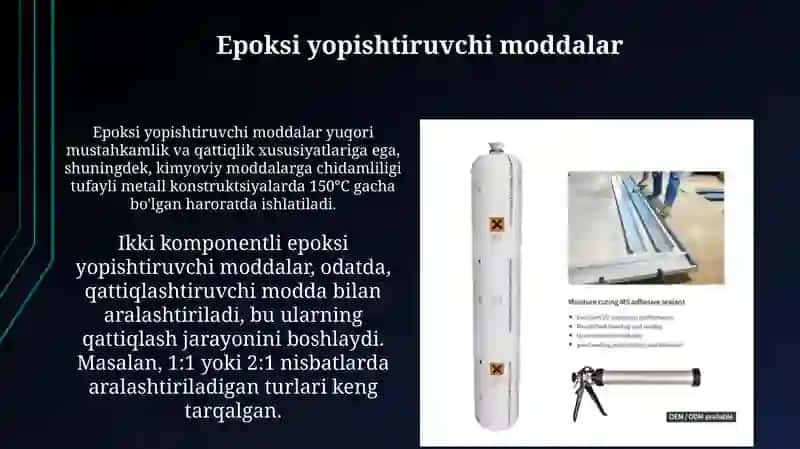 Metal konstruksiyalarniyelimlab biriktirish yelim turlari Payvandlashda qo‘llaniladgan materiallar 4