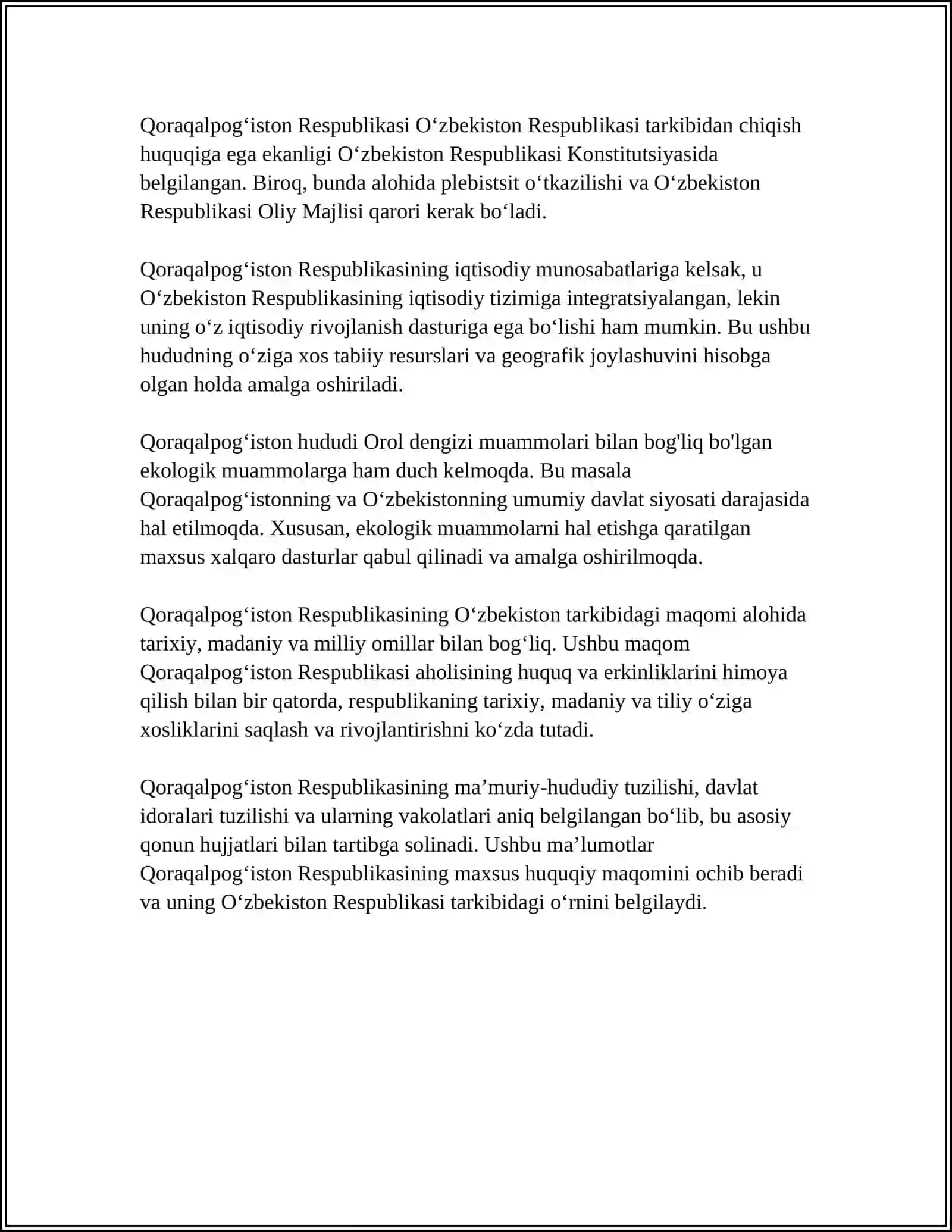 MUSTAQIL ISH Mavzu: QORAQALPOGʻISTON RESPUBLIKASI KONSTITUTSIYASI VA DAVLAT TUZULISHI 4