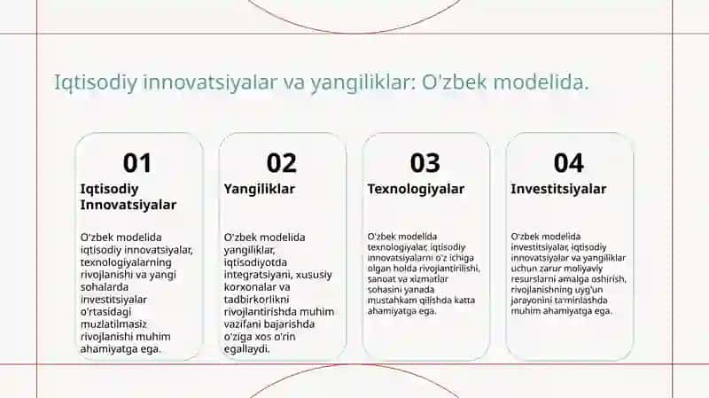 Rivojlanishning o'ziga hos yo'li Taraqqiyotning O'zbek modeli 4