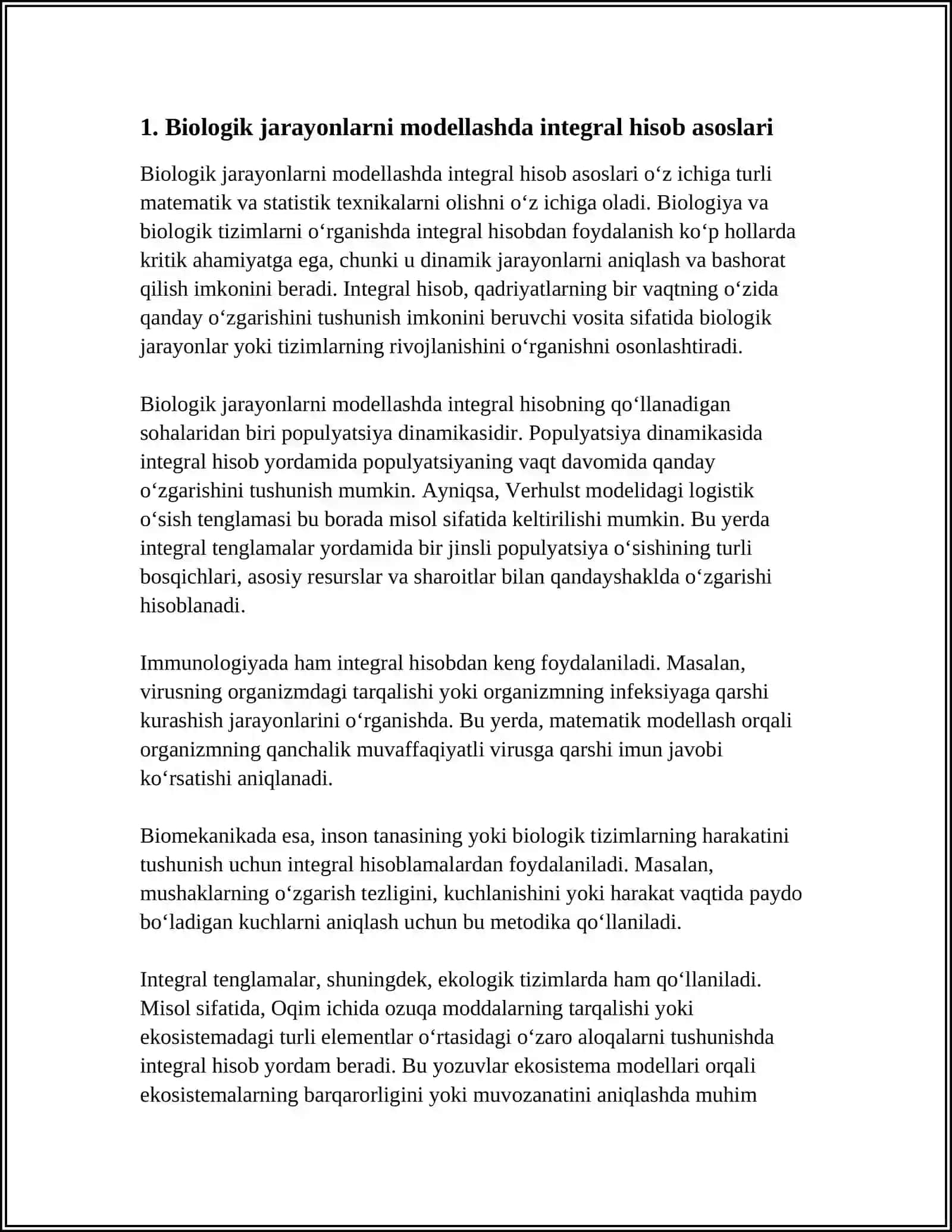 BIOLOGIK JARAYONLARNI MODELLASHTIRISHDA INTEGRAL HISOB TATBIQLARI 4