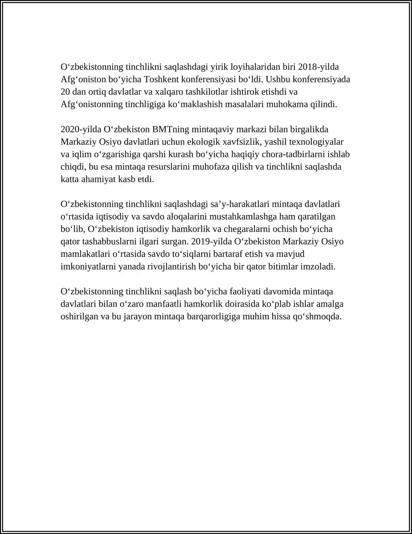 O'ZBEKISTONNING MARKAZIY OSIYODA TINCHLIK VA BARQARORLIKNI TA'MINLASHDAGI O'RNI 4