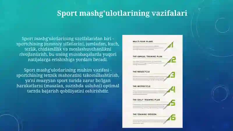 Sport mashg'ulotlarining maqsadi, vazifalari, vosita usullari, tayyorgarlik turlari 4