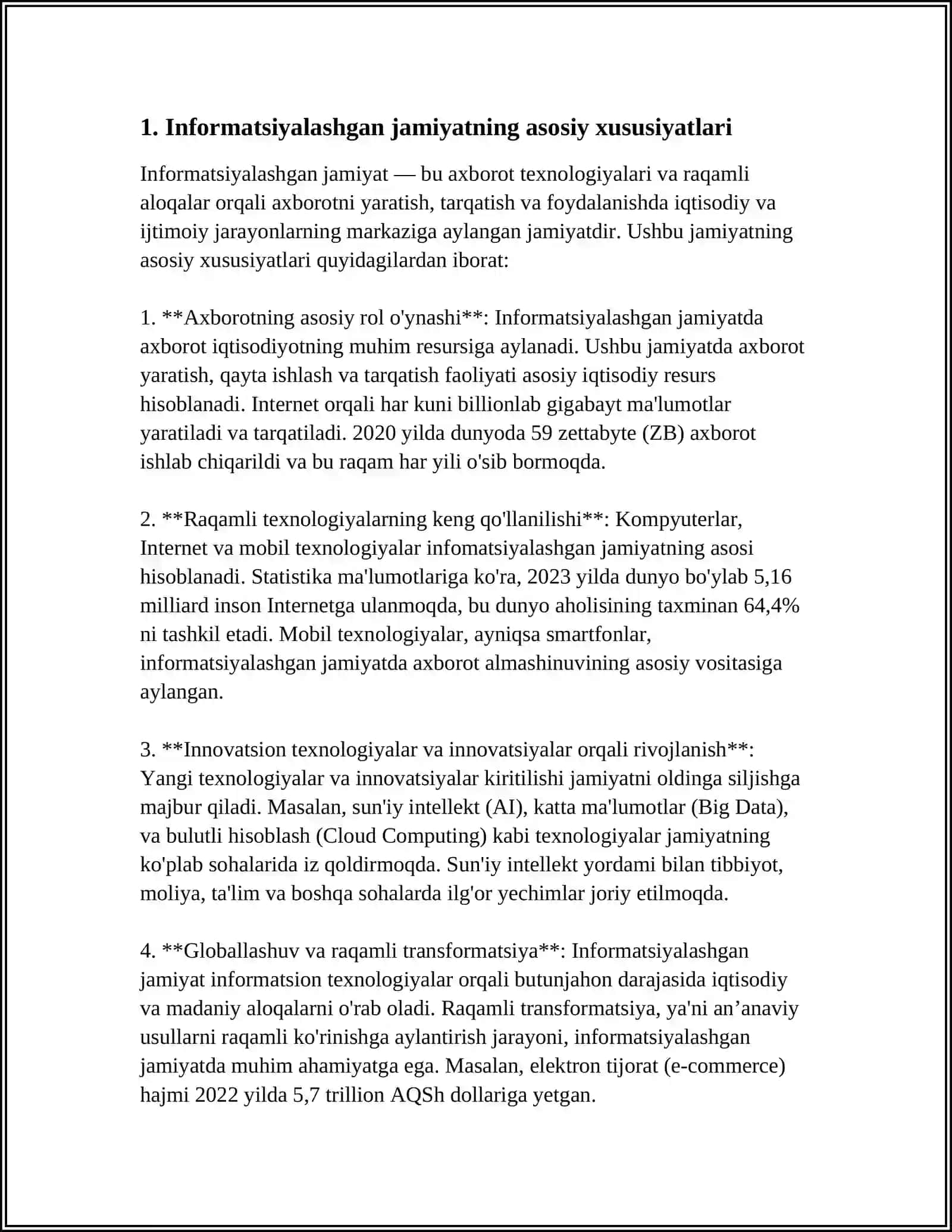 INFORMACIYALASTIRIW PROCCESI. JAMIYAT HÁM TÁLIMDI INFORMACIYALASTIRIDIŃ HUQUQIY-NORMATIV TIYKARLARI 4