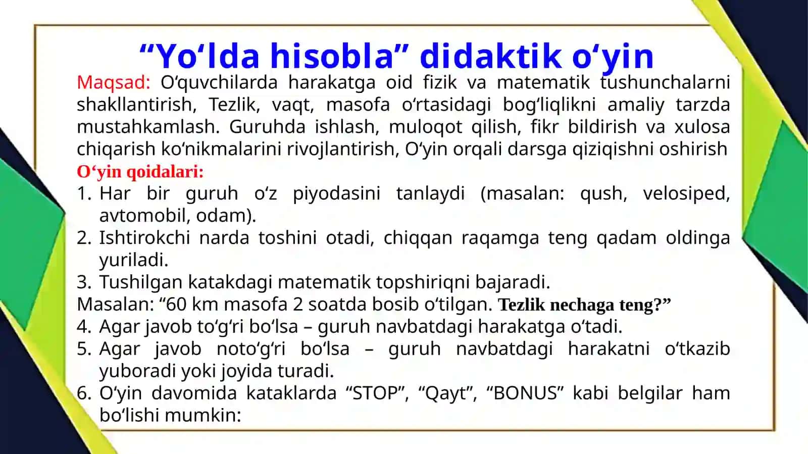 4-sinf “Yo’l, vaqt, tezlik” 4