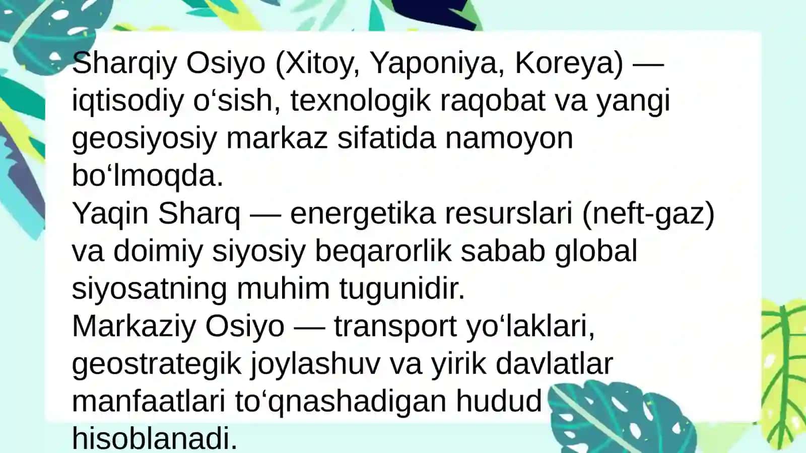 Geosiyosiy mintaqalar va ularning global siyosiy jarayonlarga ta'sirini baholash 4