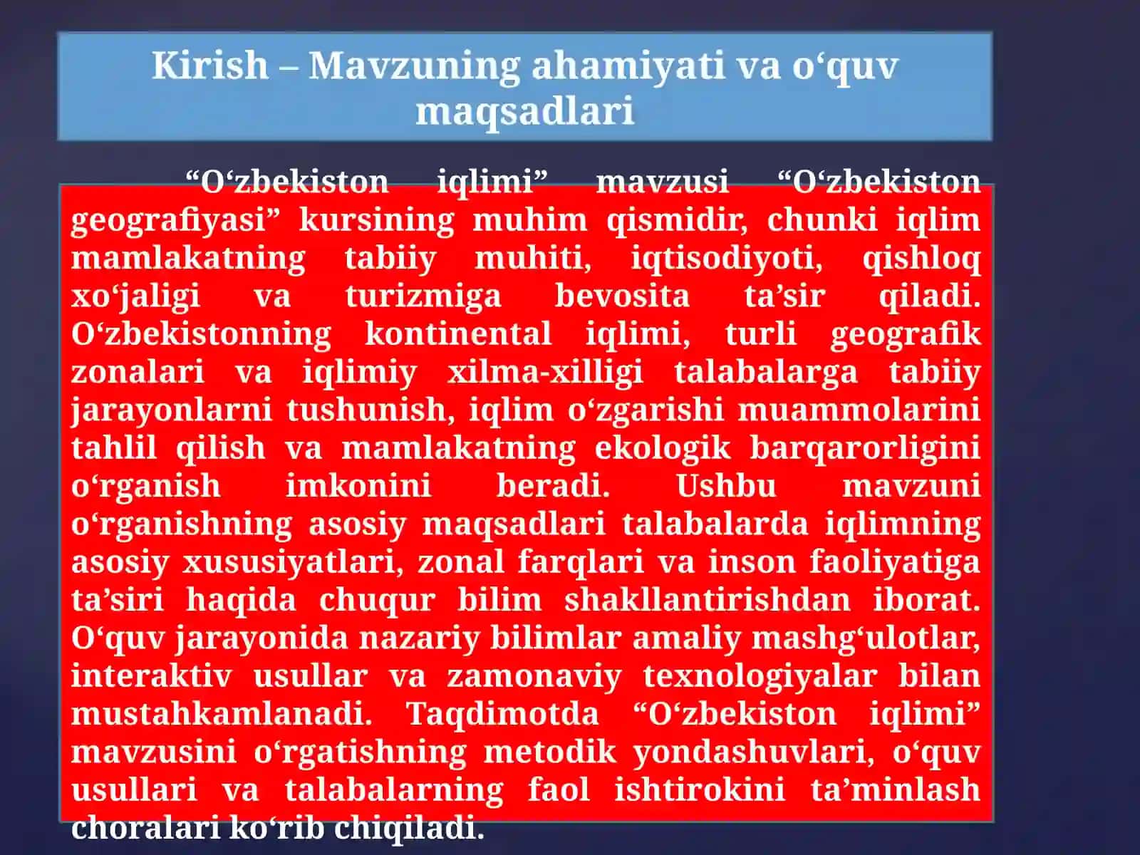“O‘zbekistoniqlimi”mavzusini o‘rganish metodikasi 4