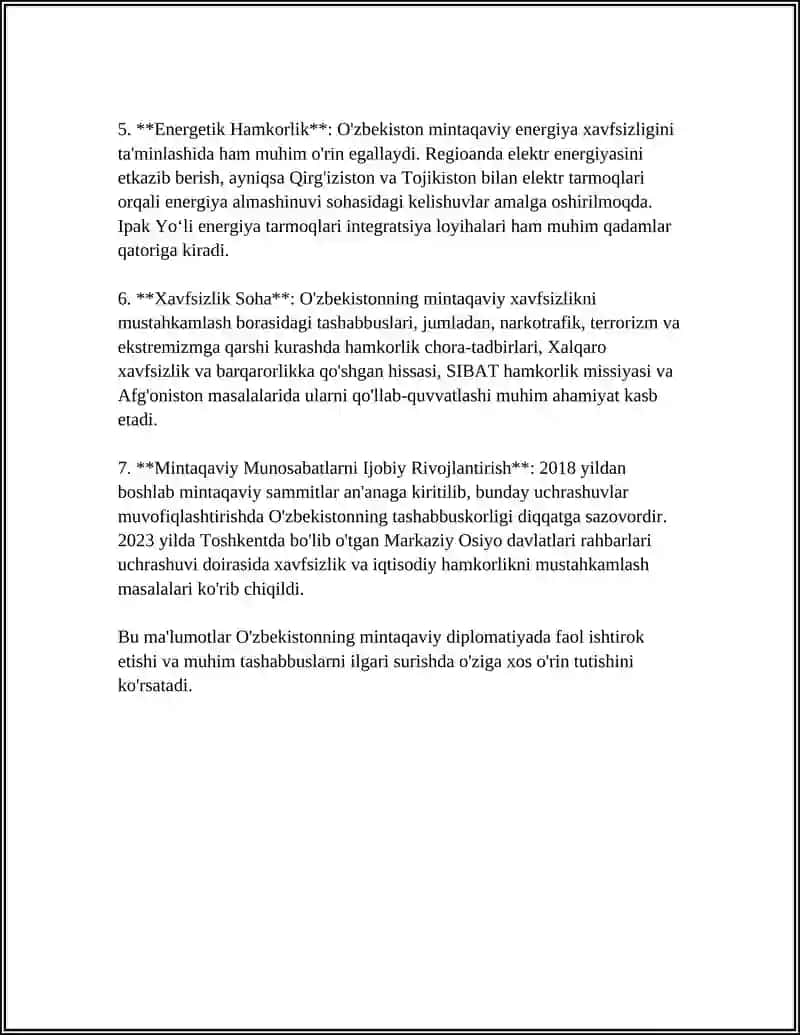 O'ZBEKISTONNING MARKAZIY OSIYODA TINCHLIK VA BARQARORLIKNI TAMINLASHDAGI O'RNI 4