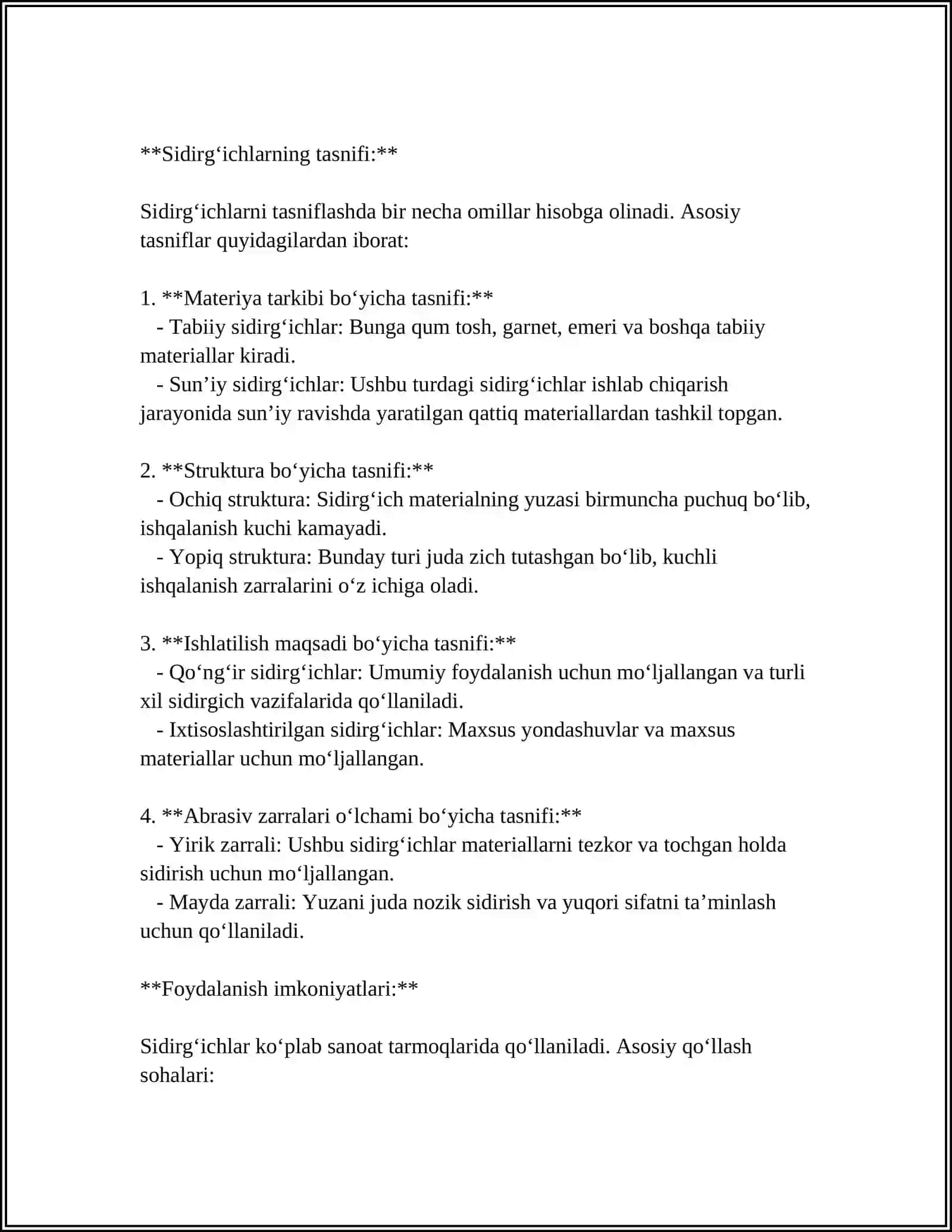 SIDIRG‘ICHLARNING TURLARI, VAZIFASI, ISHLATILISH SOXALARI, KESISH TURG‘UNLIGI 4