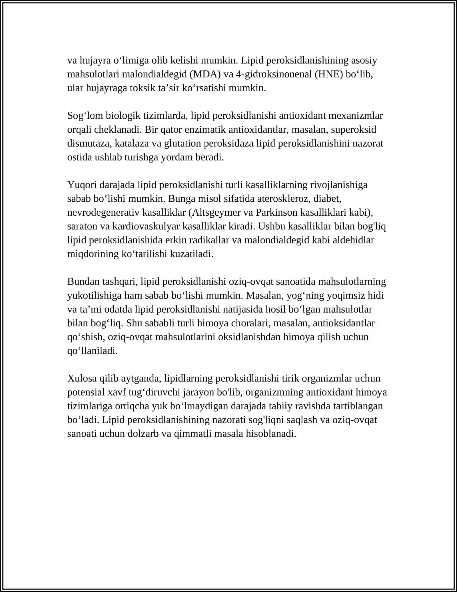 LIPIDLARNI PEROKSIDLANISHI VA HUJAYRA SHIKASLANISHI POTOGENIZIDAGI AXAMIYATI 4