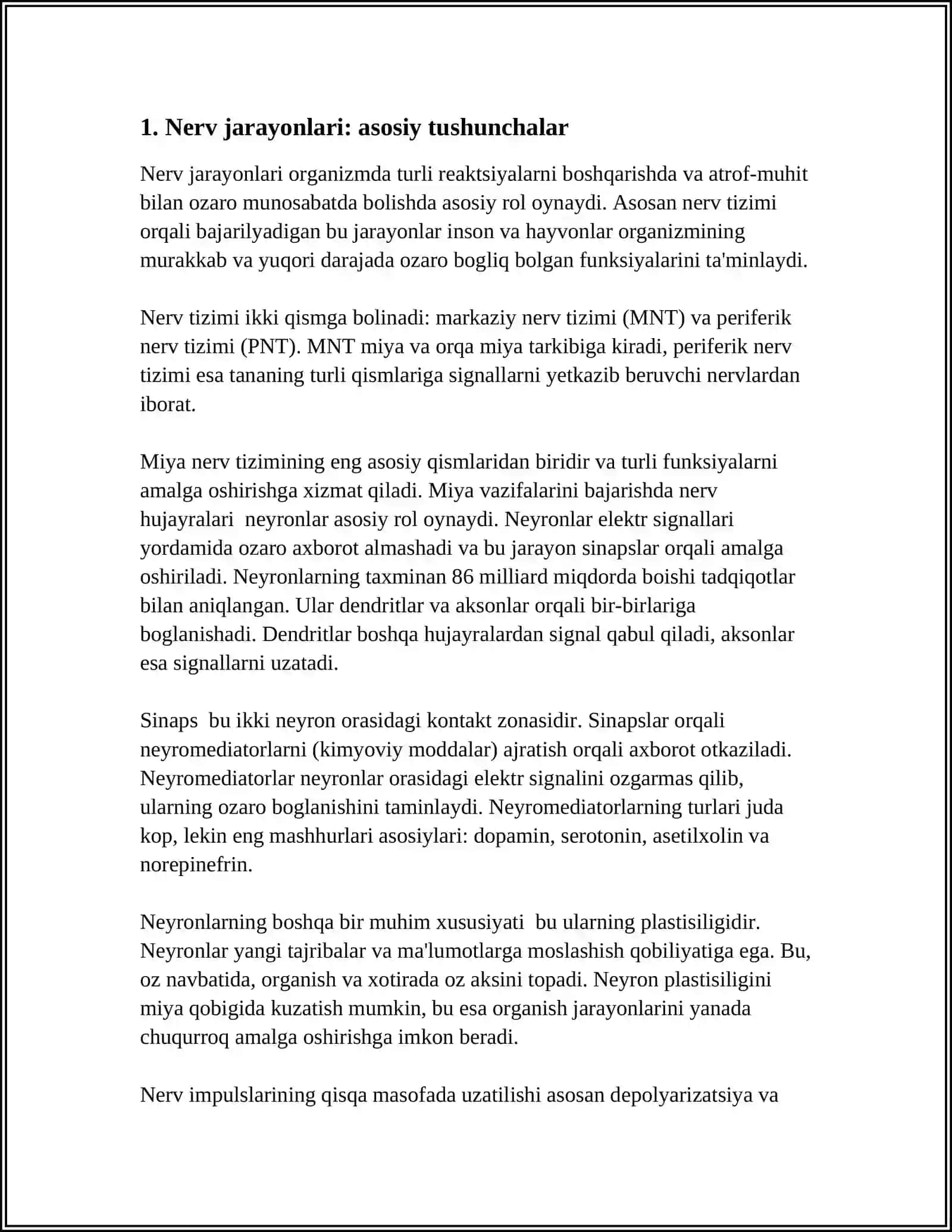 NERV JARAYONLARI DINAMIKASI:NERV JARAYONLARI DINAMIKASI TA'SIR ETUVCHI ZARARLI OMILLAR VA PATOLOGIYADAGI XOLATI.TEKSHIRISH USULLARI VA TIBBIY CHORALARI 4