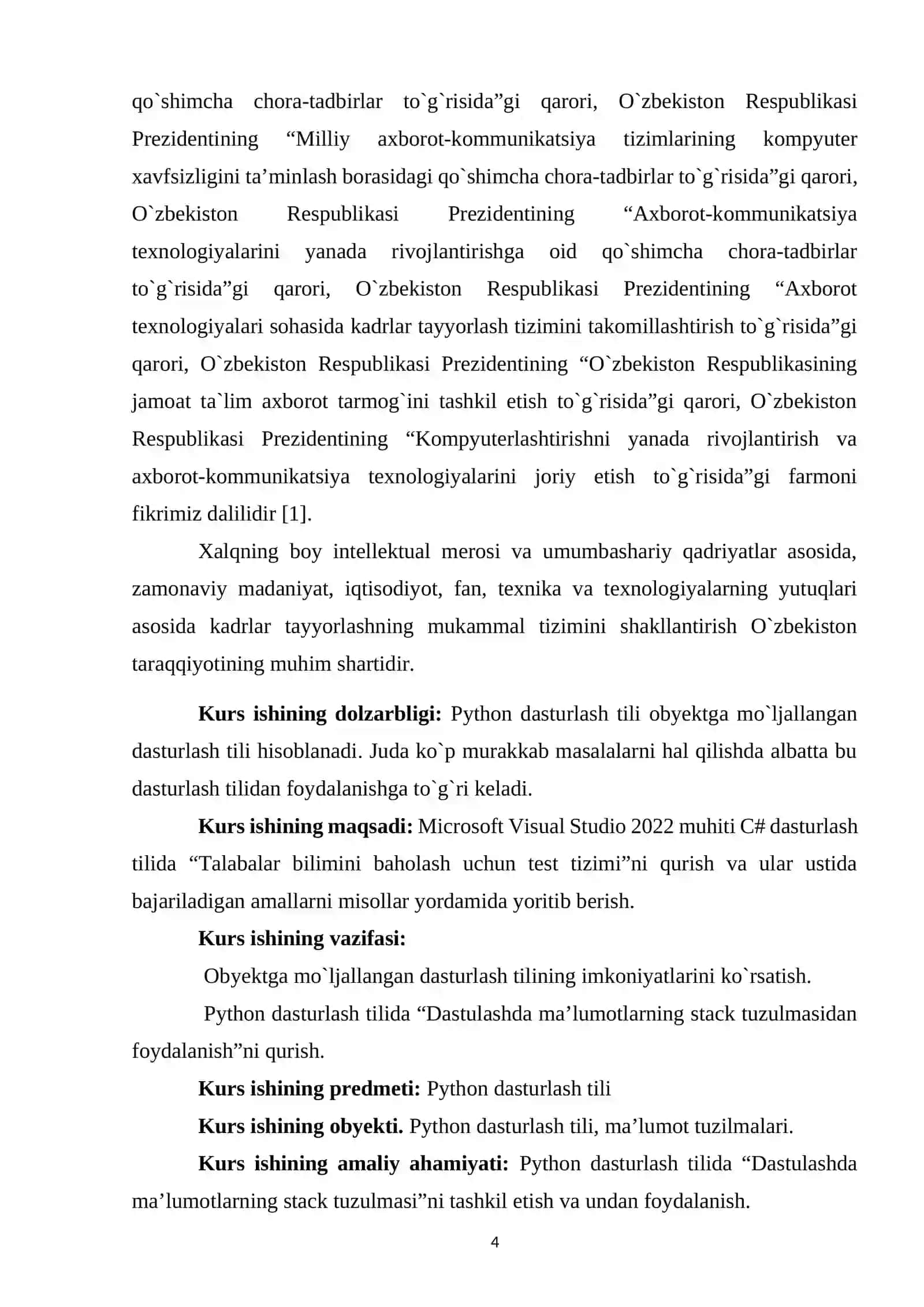 "DASTULASHDA MA’LUMOTLARNING STACK TUZULMASIDAN FOYDALANISH" MAVZUSIDA KURS ISHI 4