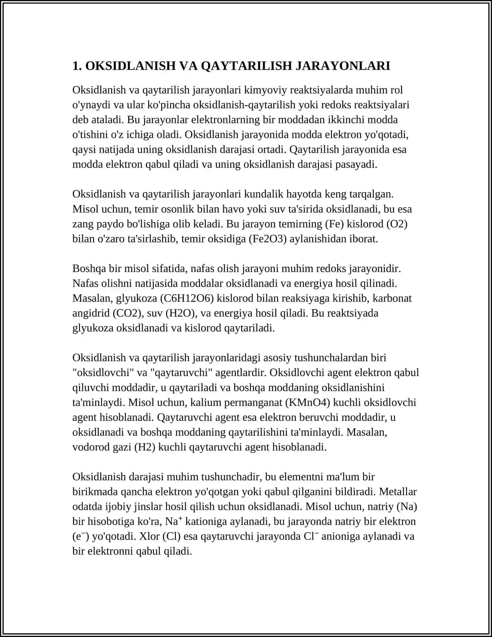 OKSIDLANISH QAYTARILISH REAKSIYALARI TUZISH VA TENGLASH MUSTAQIL ISH 4