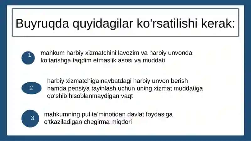 HARBIY XIZMATCHILARGA NISBATAN XIZMAT BO‘YICHA CHEKLASH VA INTIZOMIY QISMGA JO‘NATISH TARIQASIDAGI JAZOLARNI IJRO ETISH 4