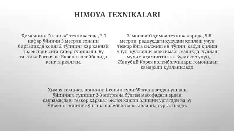 Voleybol oʻyini texnikasini boʻlimlarga boʻlinishi boʻyicha nazariy malumotlar 4