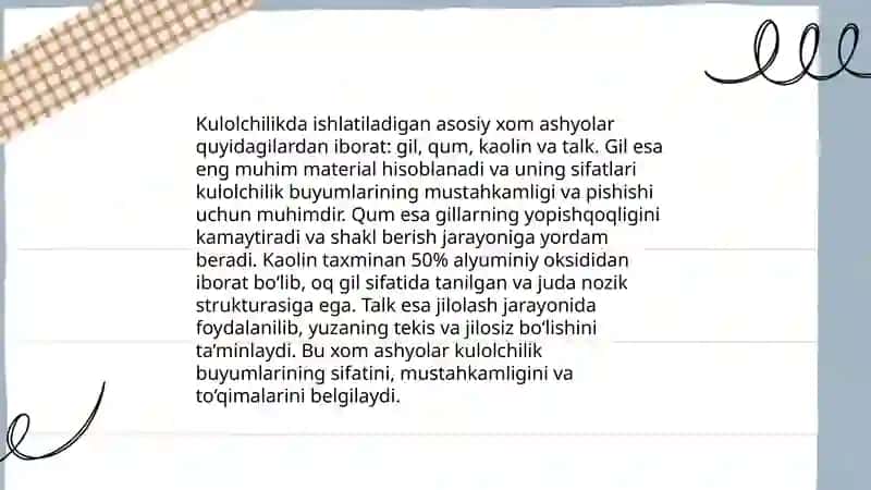 Kulolchilik mahsulotlari turlari, materiallar va asbob-uskunalarni oʻrganish 4