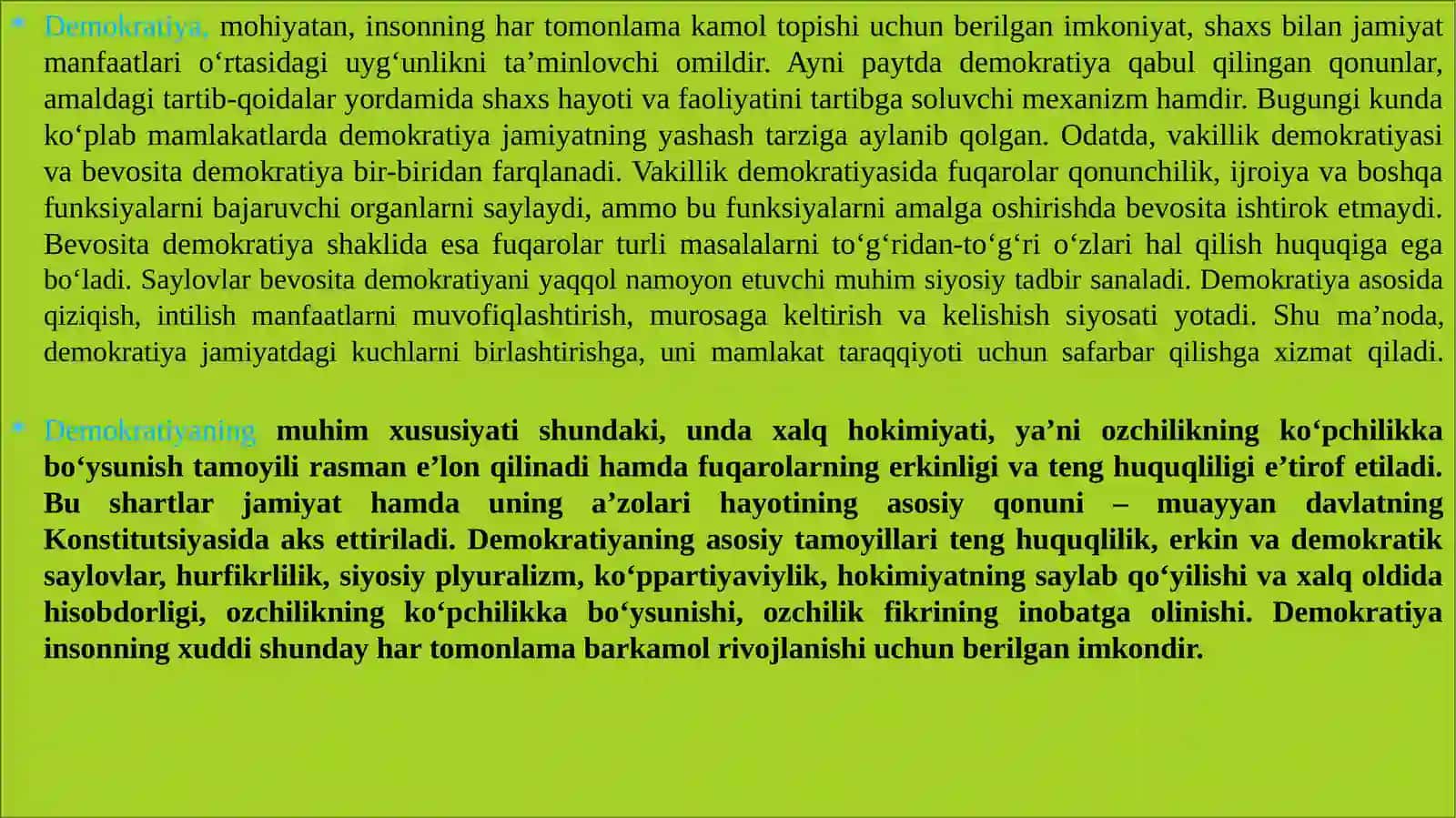 Oʼzbekistondademokratik, fuqarolik jamiyati asoslarining shakllanishi, amalga oshirilgan siyosiy islohotlar 4