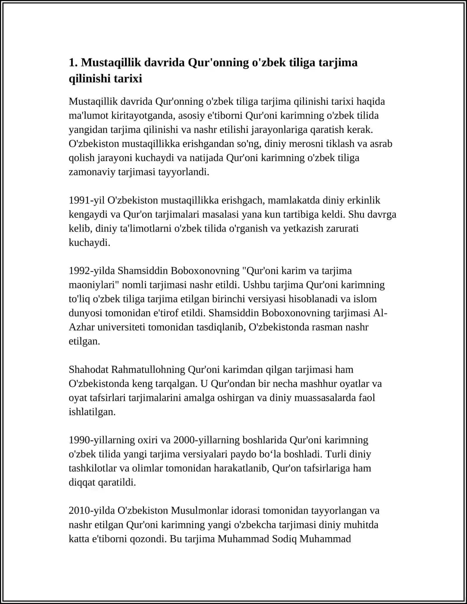 MUSTAQILLIK YILLARIDA QUR'ONNING OʻZBEK TILIGA TARJIMA QILINISHI VA TAFSIRLARI HAQIDA 4