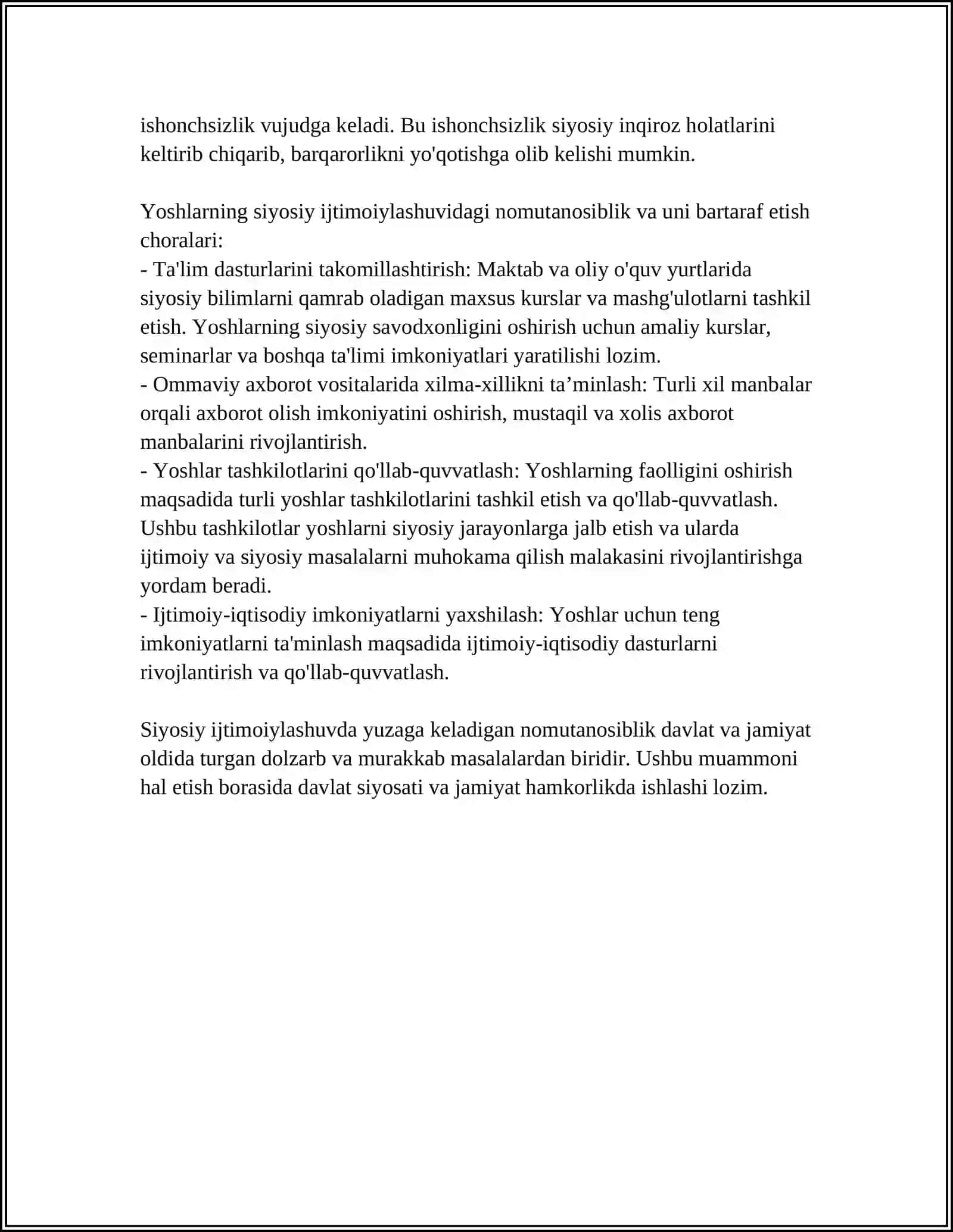 SIYOSIY IJTIMOIYLASHUVDAGI NOMUTANOSIBLIK VA UNING SIYOSIY BARQARORLIKKA TA’SIRI 4