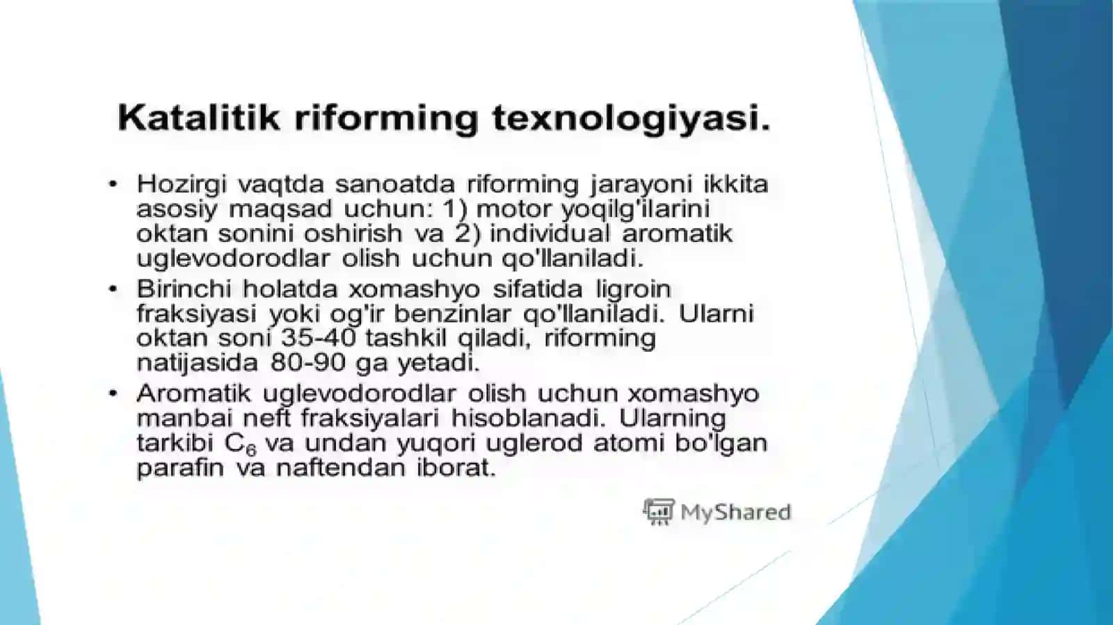 Riforming texnologiya yordamida aromatik uglevodorodlar ishlab chiqarish texnologiyasi 4