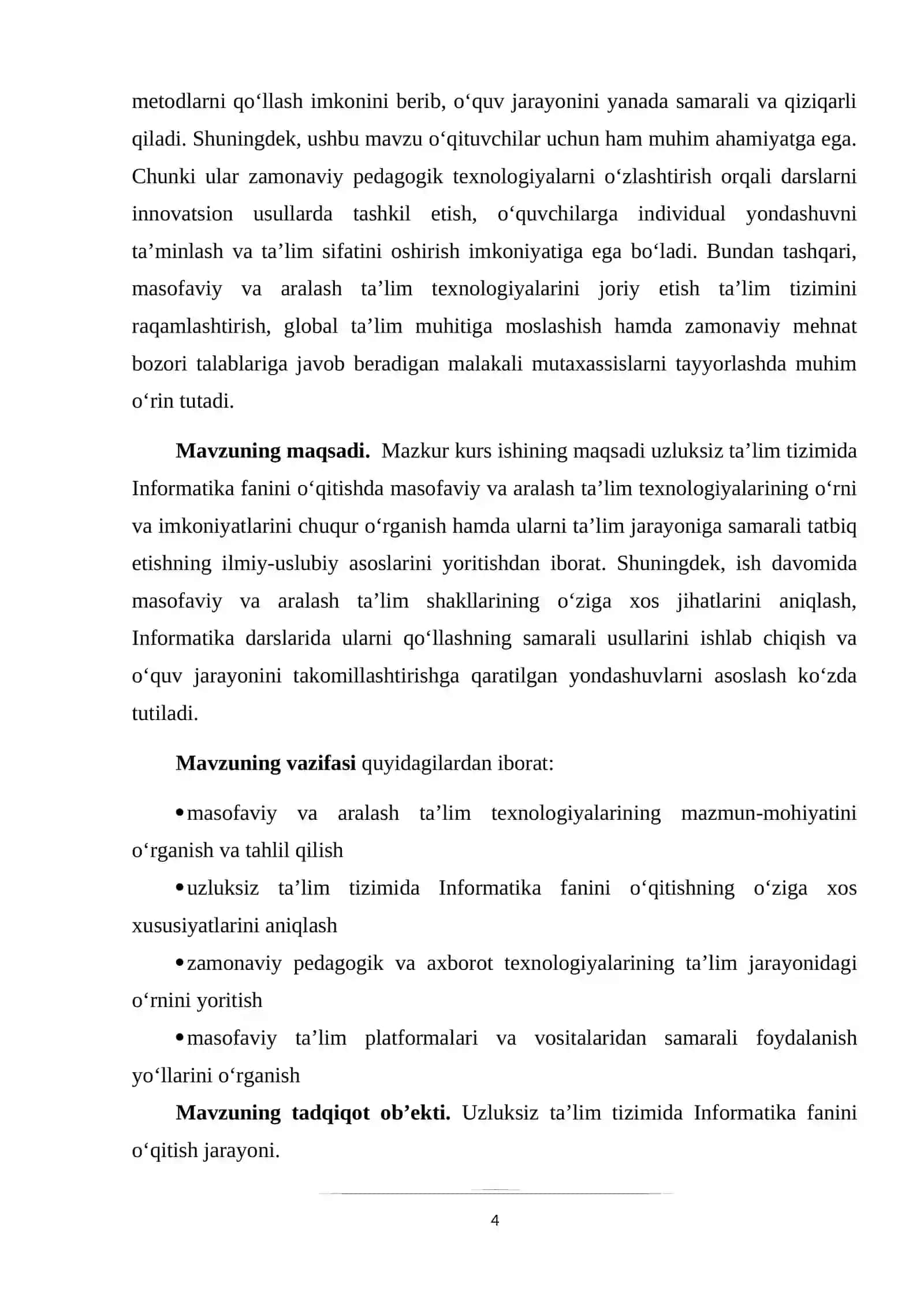 Uzluksiz ta’lim tizimida Informatika fanidan masofaviy va aralash ta’lim (Blended Learning) texnologiyalarini joriy etish 4