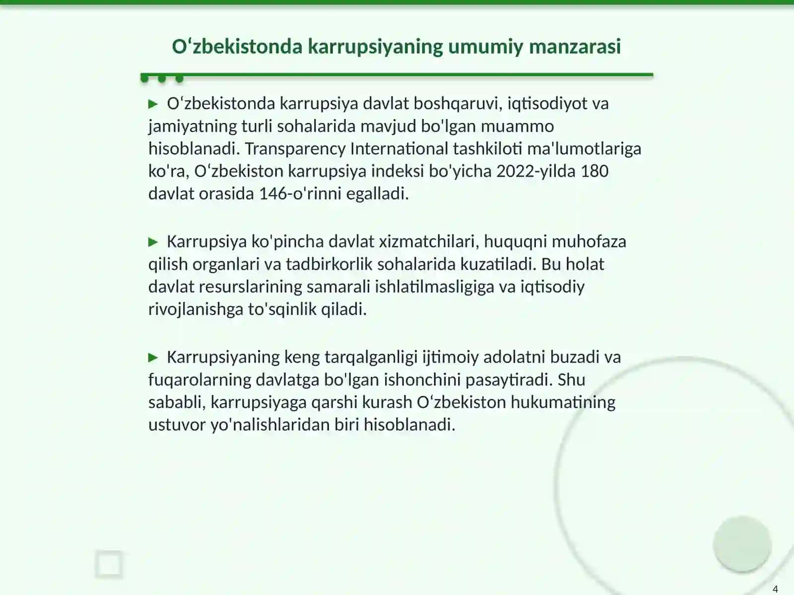 Oʻzbekistonda karrupsiyaga qarshi kurash siyosati va uning natijalari 4
