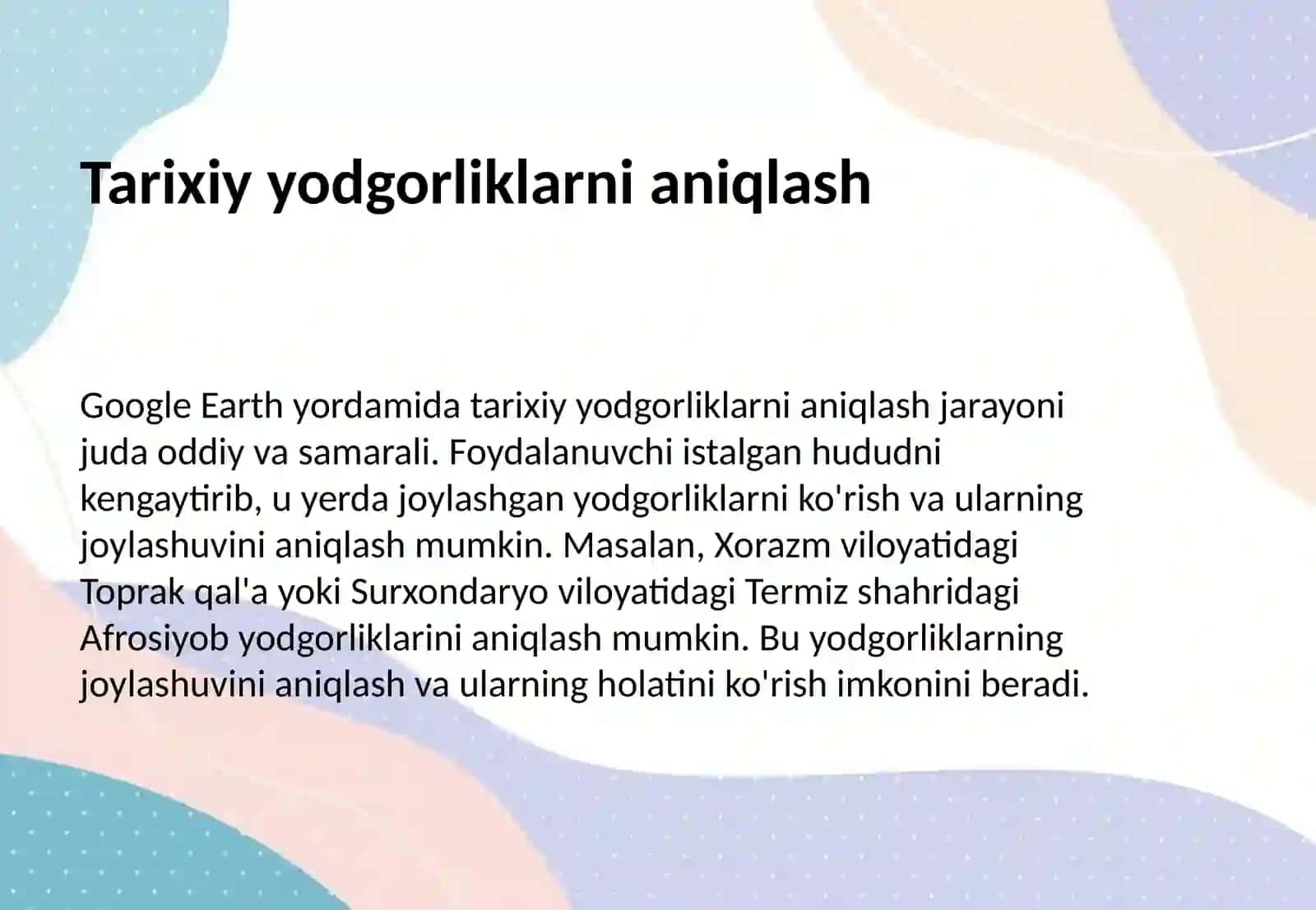 Google Earth dasturidan foydalangan holda tarixiy-madaniiy yodgorliklarni aniqlash (hududlar kesimida) 4