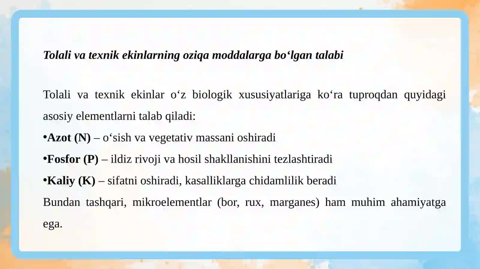 Tolalivatexnikekinlarnioʻgʻitlash.(G’o’za,Kanop, Tamaki,Qandlavlagi,Zig’ir) 4