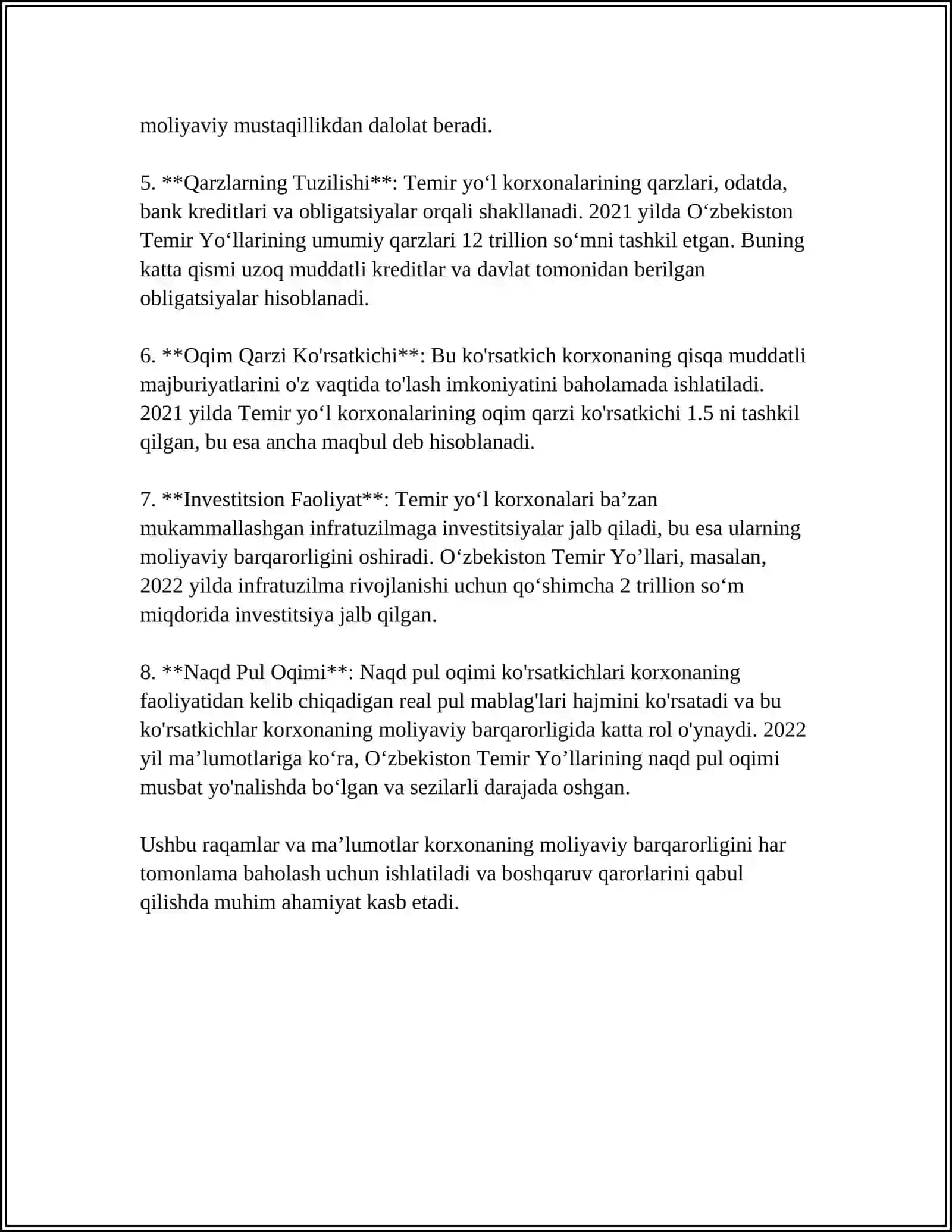 TRANSPOTR (TEMIR YO‘L, AVTOMOBIL) KORXONLARI MOLIYAVIY BARQARORLIGI TAHLILI 4