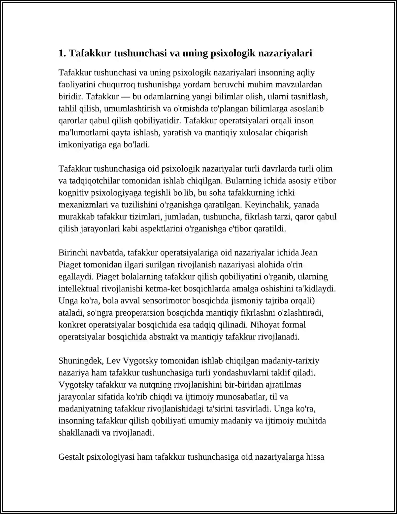 REFERAT MAVZU: TAFAKKUR BORASIDA PSIXOLOGIK NAZARIYALAR.TAFAKKUR OPERATSIYALARI 4