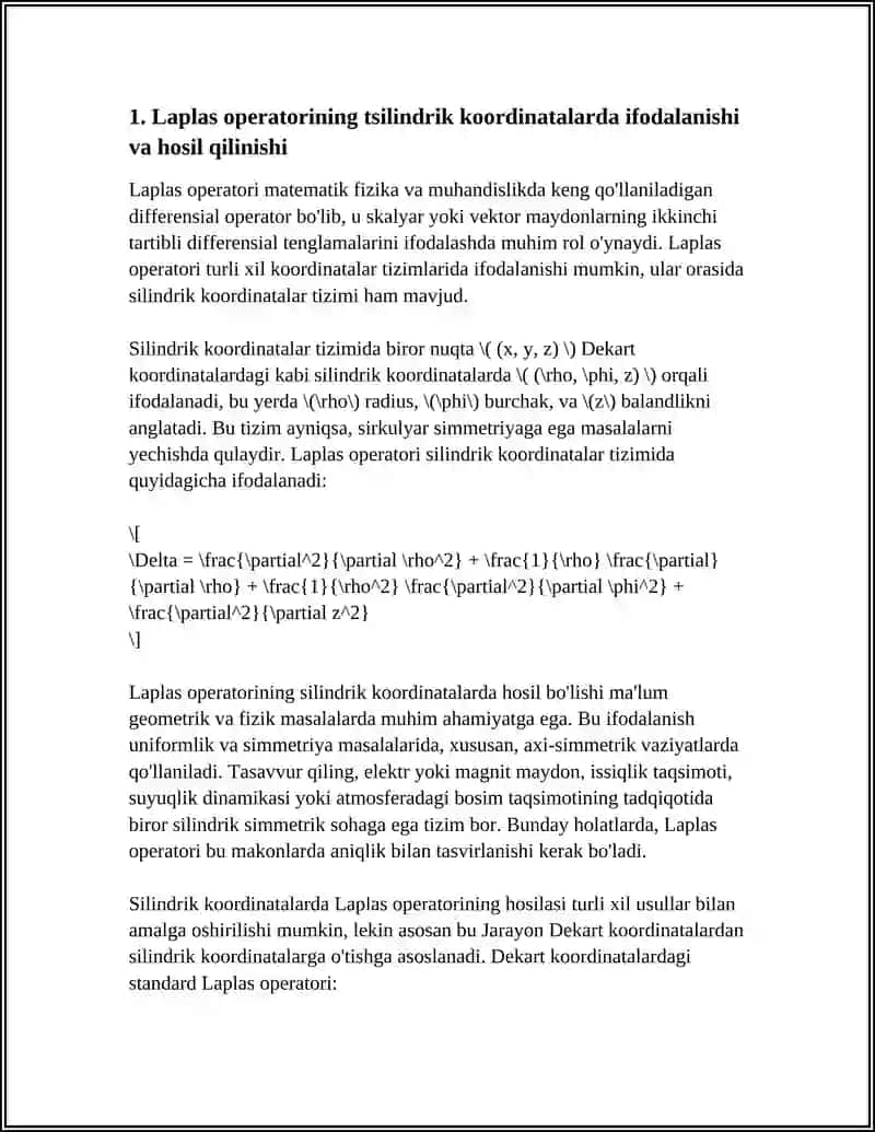 Laplas Operatorining Tsilindrik va Sferik Koordinalarda Ifodalanishi 4