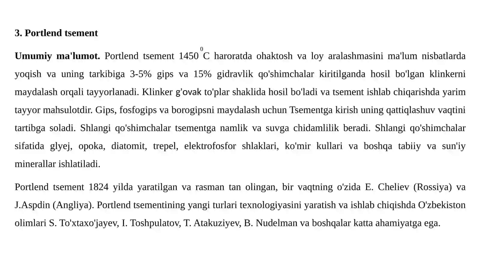 Gidravlik bog'lovchi moddalar. Gidravlik bog'lovchi portlendtsement, xom-ashyosi, ishlab chiqarish usullari, texnologiyasi, xossalari 4