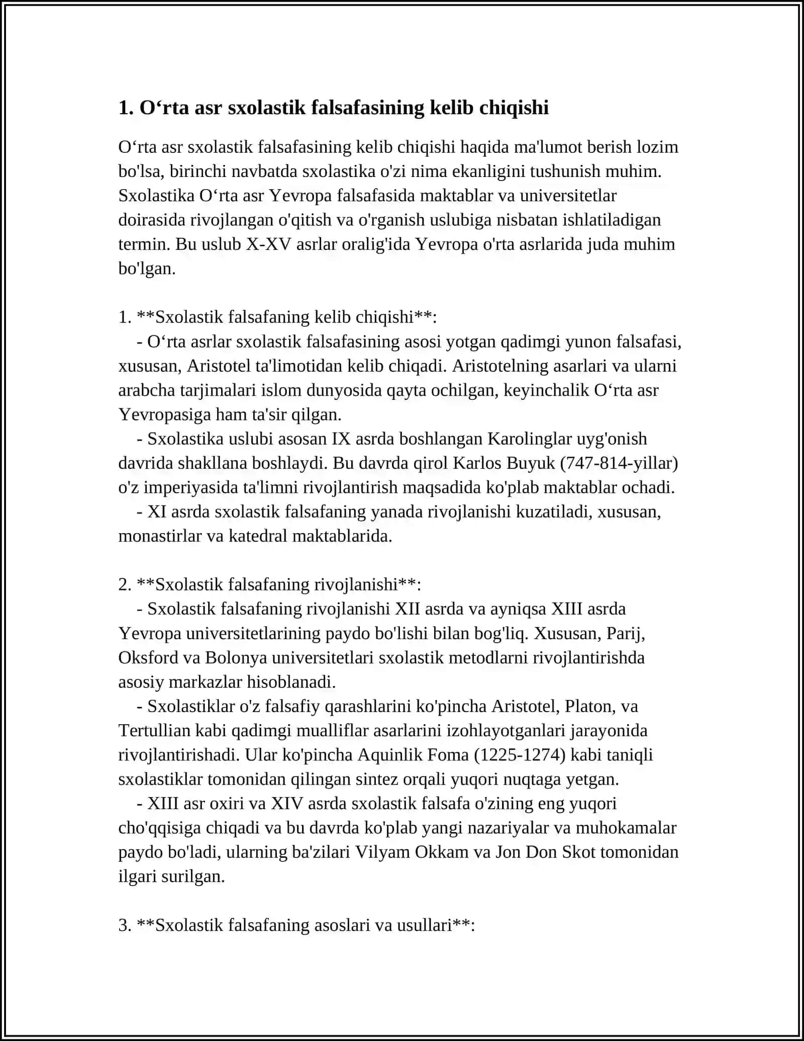 OʻRTA ASR SXOLASTIK FALSAFASI HAQIDA ESSE TAYYORLASH 4