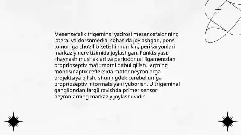 V juft bosh miya nervining funksional va klinik anatomiyasi o’zaklari uch shoxli nerv tuguni proyeksiyasi 4