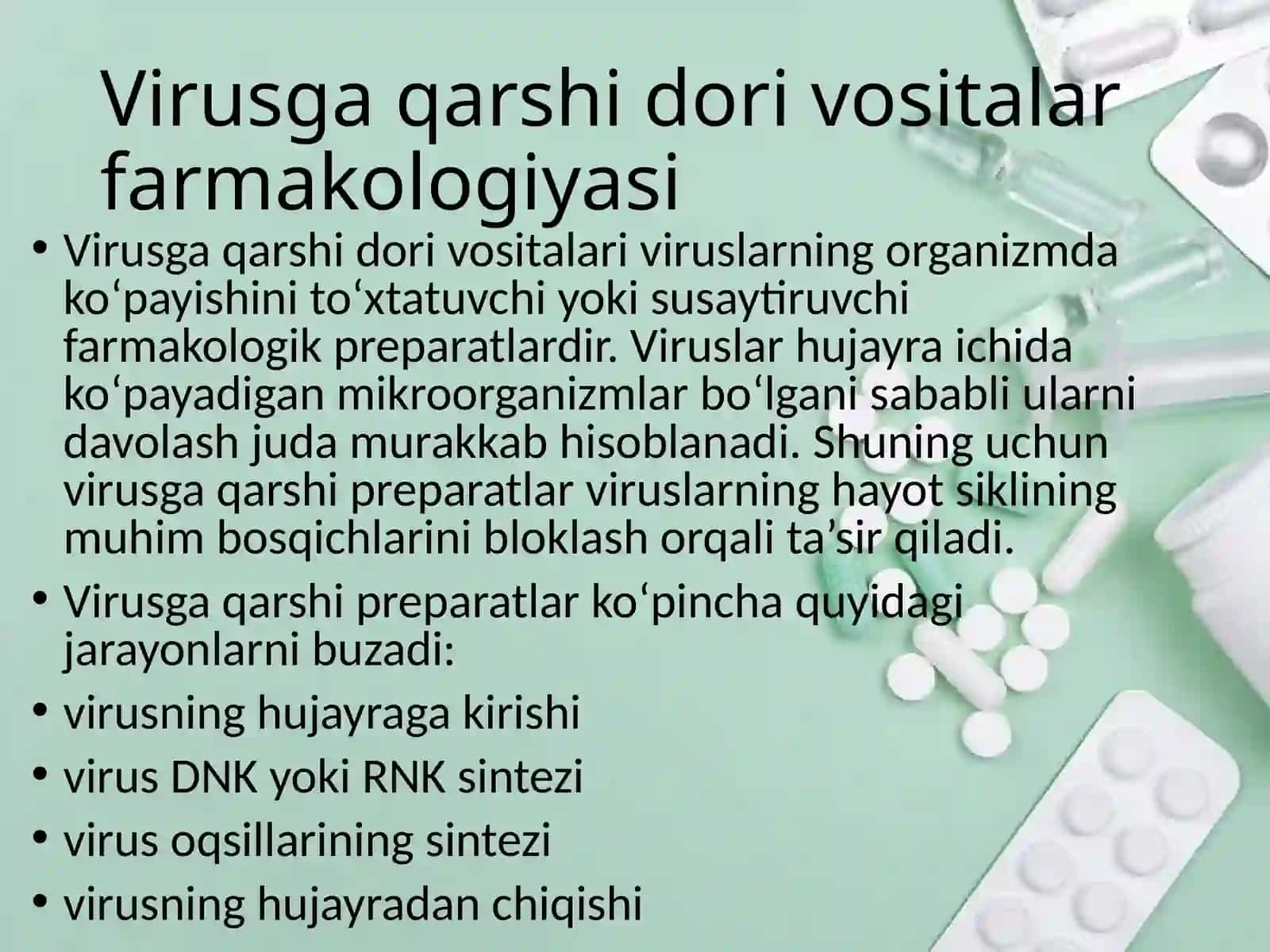 Virusga qarshi, gijja va moxovga qarshi dori vositalar farmakologiyasi 4