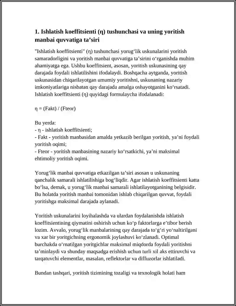 YORITISH USKUNALARINI ISHLATISH KOEFFITSIENTI BOʻYICHA YORUGʻLIK USKUNALARINI YORUGʻLIK MANBAI QUVVATINI HISOBLASH 4