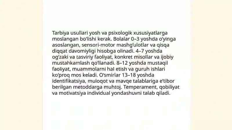 Tarbiya usullarini tanlashga qoʻyiladigan talablar 4