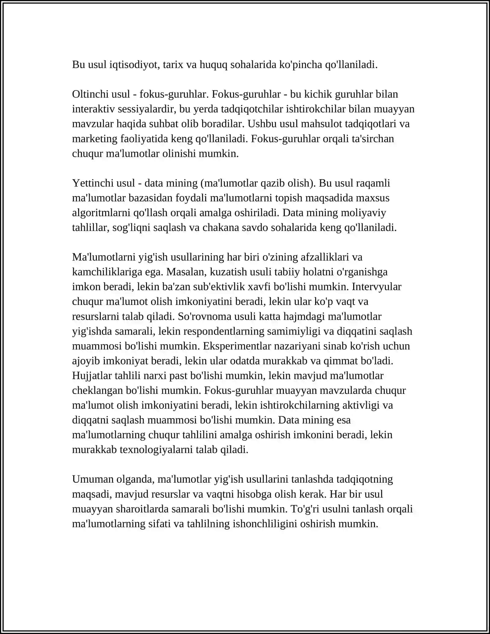 REFERAT Mavzu: TOʻPLANGAN MA'LUMOTLARNI TAHLIL QILISH, SHAKLLANTIRISH,STRUKTURALASH 4