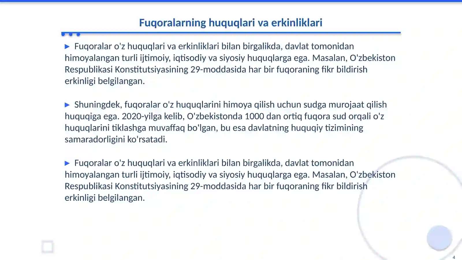 Fuqoralik tushunchasi, fuqoralarning huquqlarini himoya qilish, fuqoralarning shaxsiy huquq va erkinliklarini 4