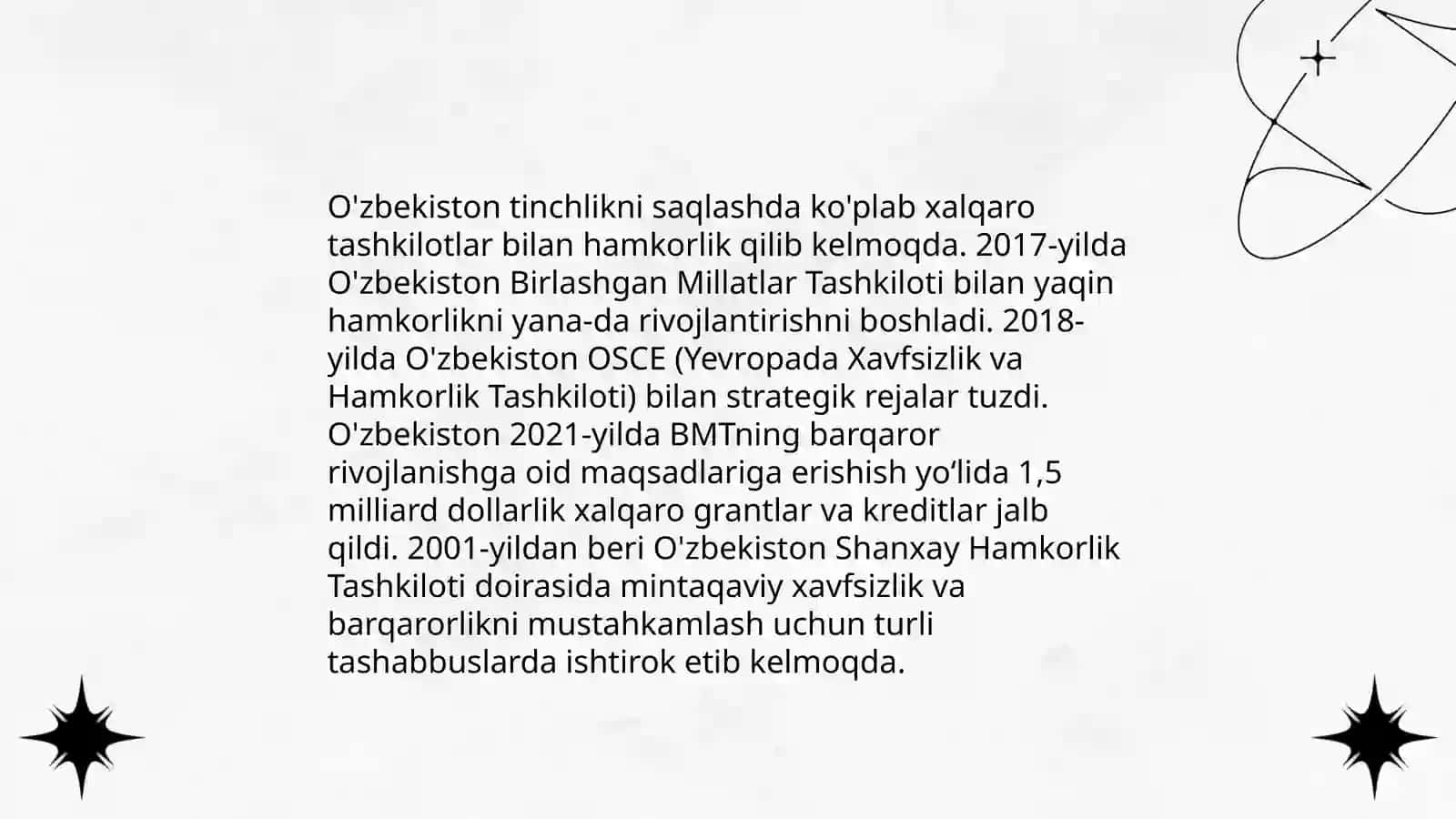 O'zbekistonning Markaziy Osiyoda tinchlik va barqarorlikni ta'minlashdagi o'rni 4