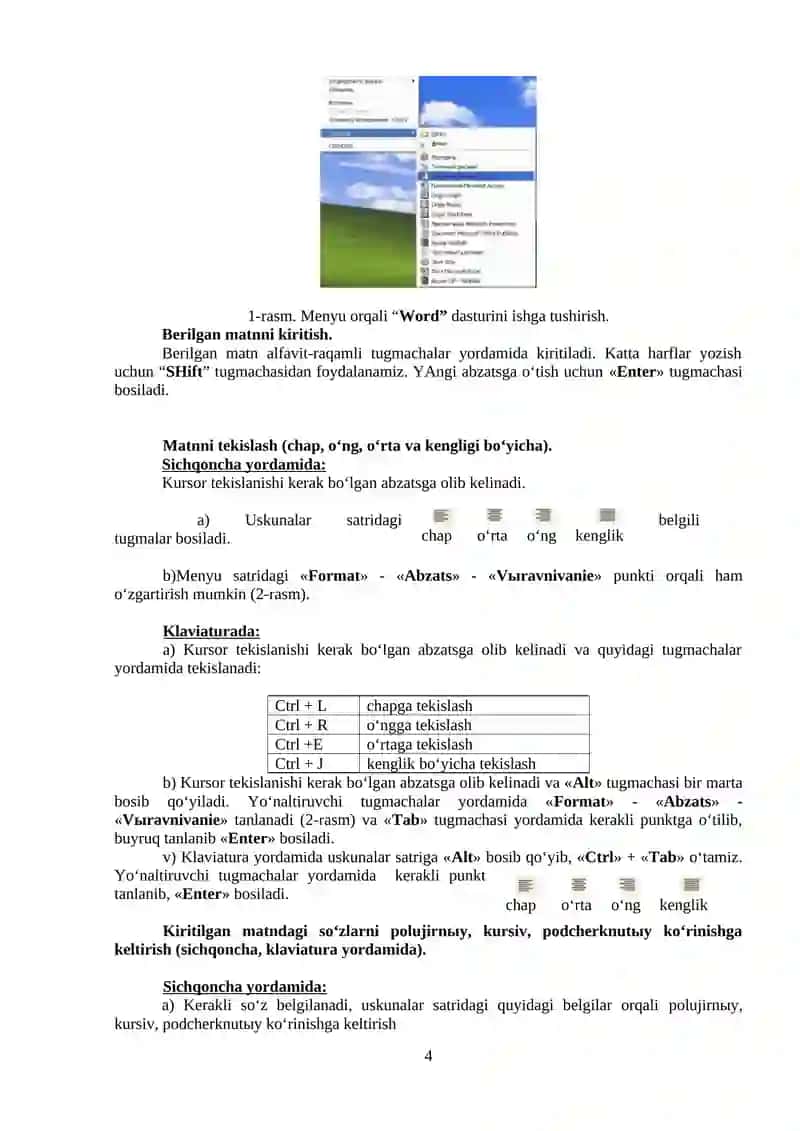 MICROSOFT WORD MATN MUXARRIRIDA HUJJATLAR YARATISH, HUJJATLARNI SAQLASH, HUJJATDAN CHIQISH USULLARI 4