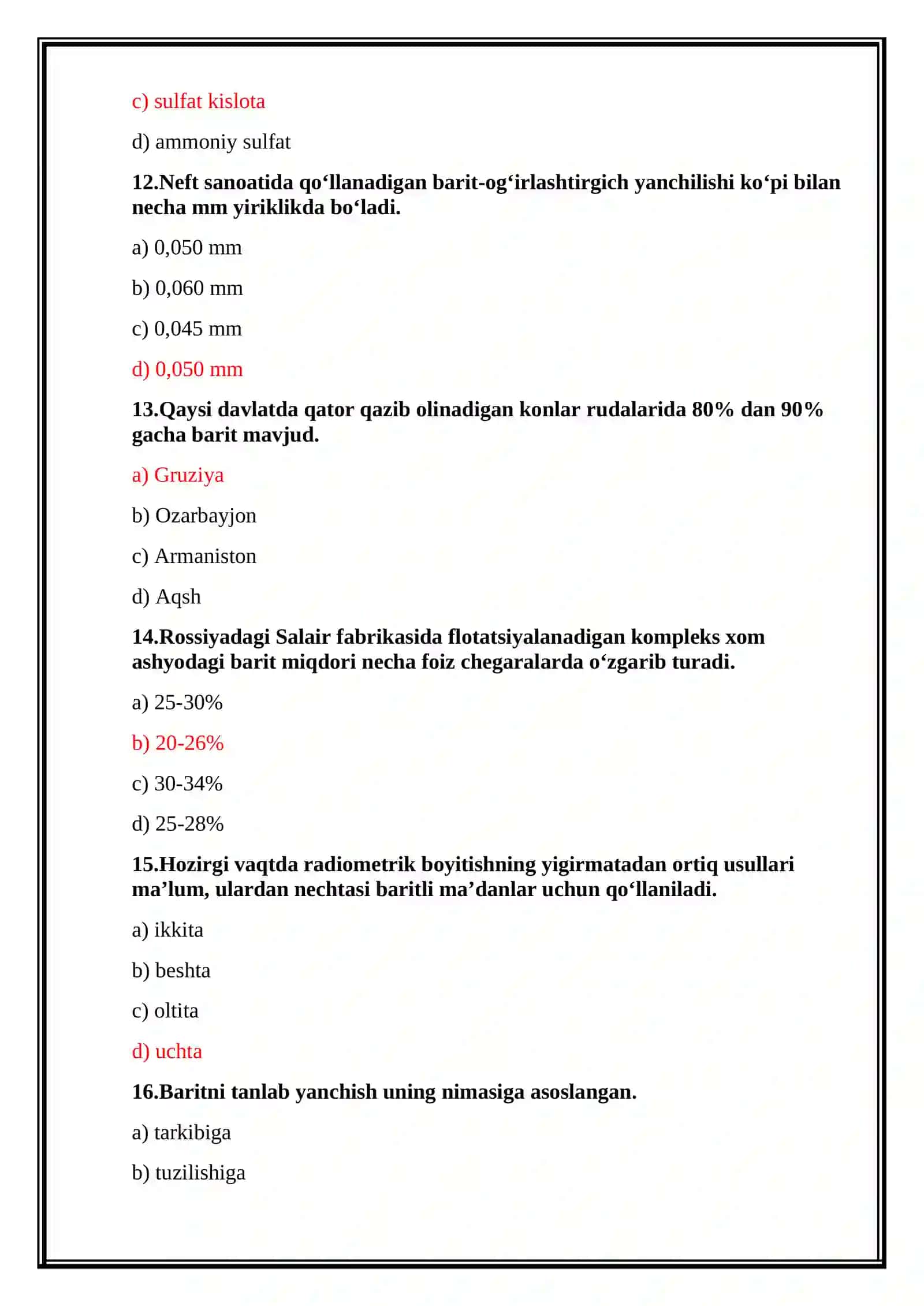 Nometall rudalarni boyitish texnologiyasi fanidan 4-kurs talabalari uchun Yakuniy nazorat testi 4