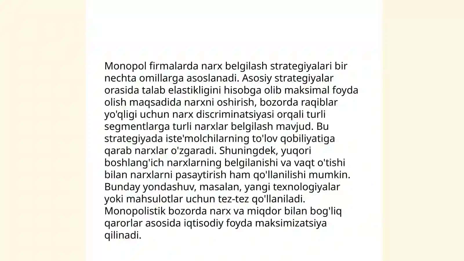 Raqobatlashmagan bozor sharoitida monopol narx belgilash va bozor hokimiyati 4