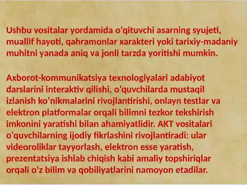 Adabiyot darslarida multimedia vositalari va axborot kommunikatsiya texnalogiyalari 4