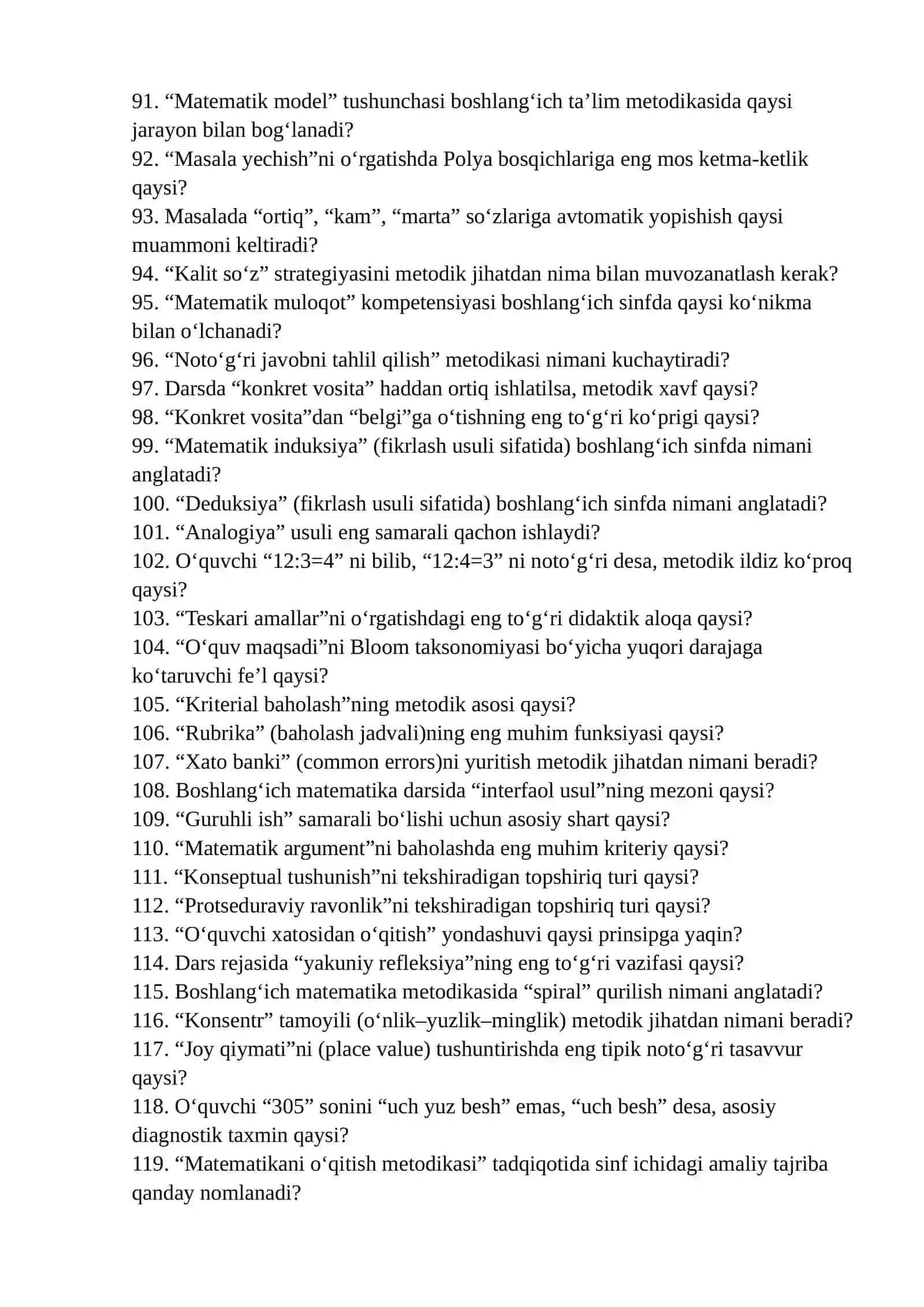 METHOD OF TEACHING ELEMENTARY MATHEMATICS FANIDAN Namunaviy TEST SAVOLLARI 4