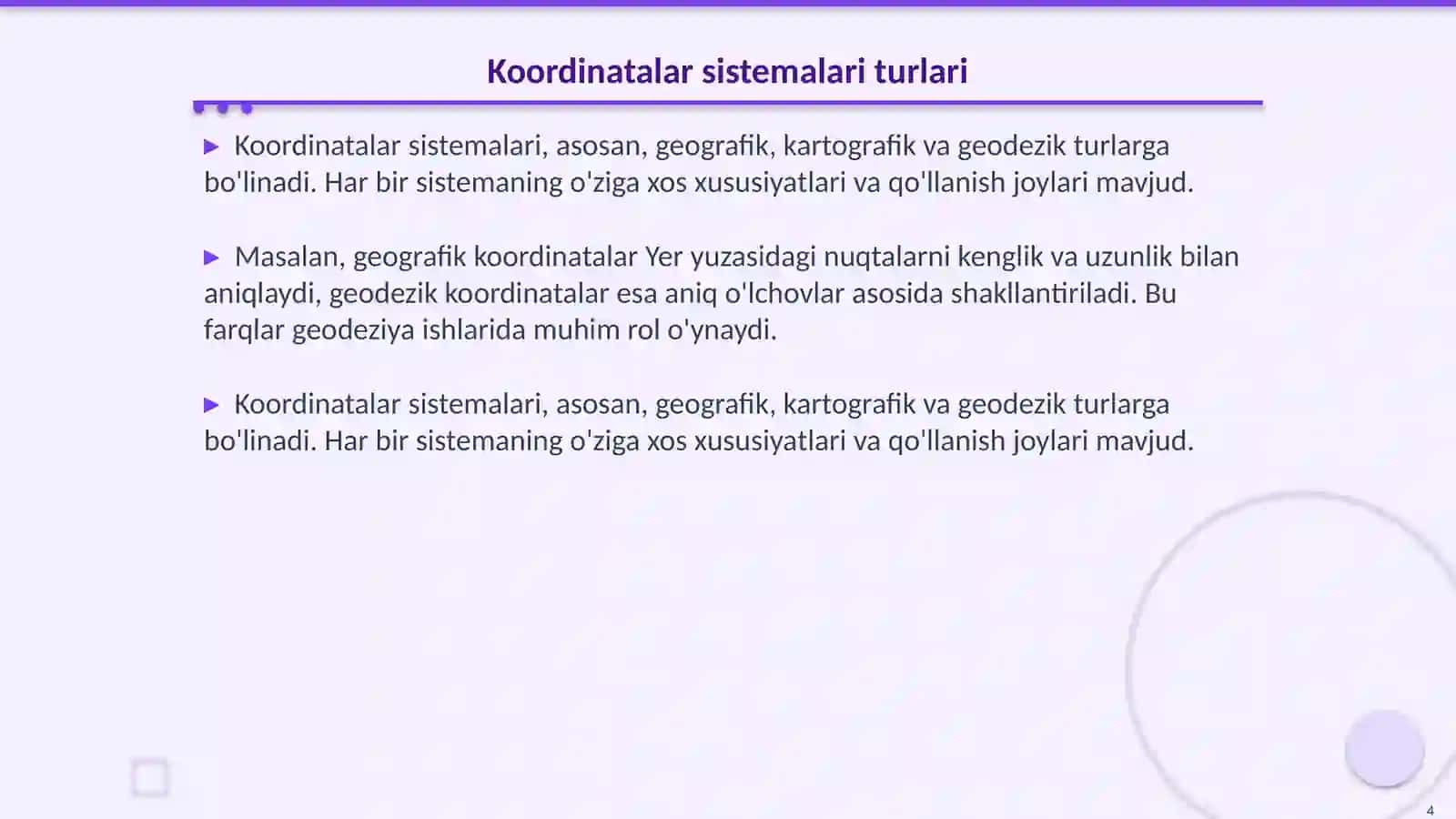 Geodeziyada qo'llaniladigan koordinatalar sistemasi 4